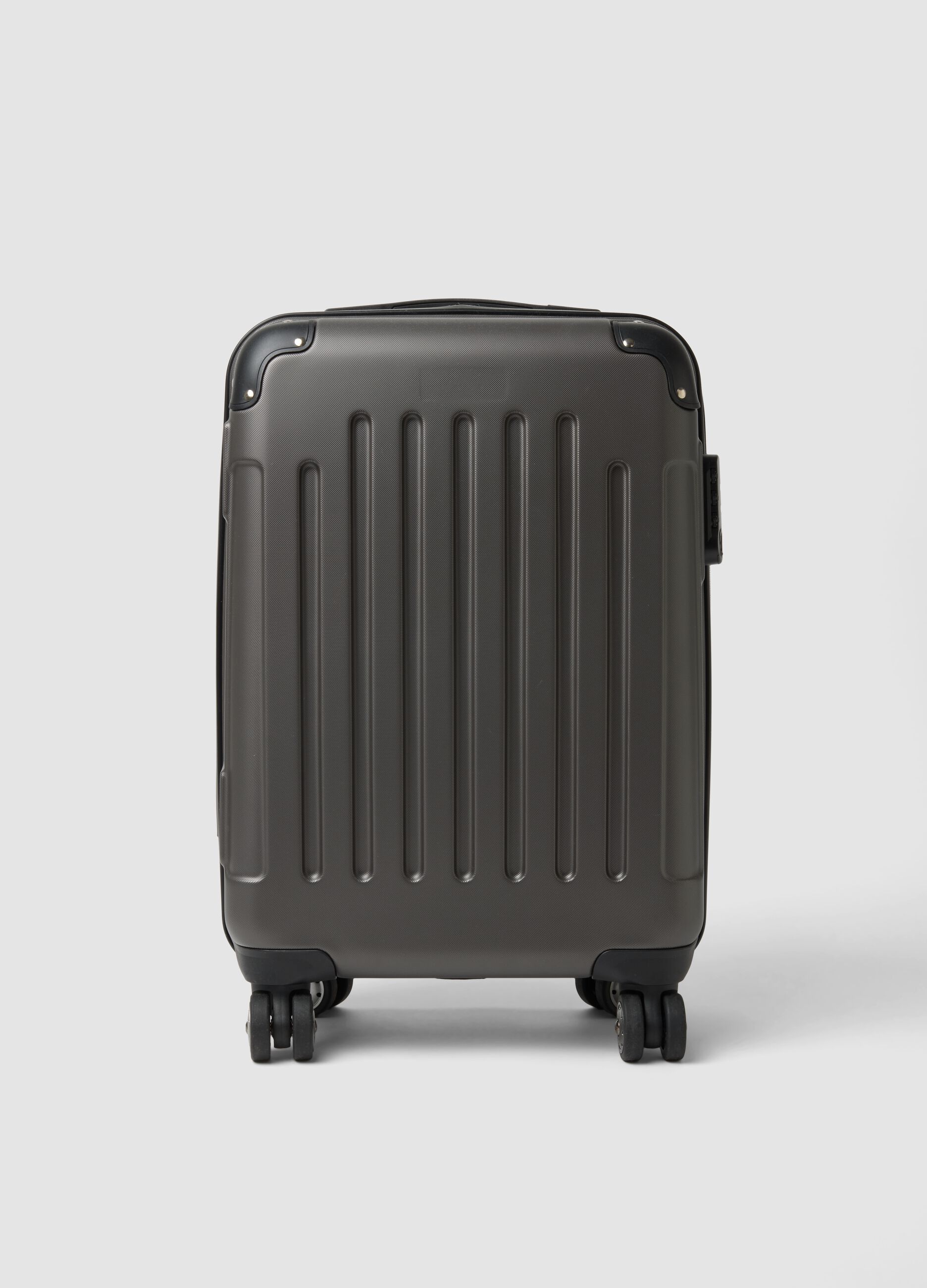 Grey hard-shell travel trolley suitcase with wheels
