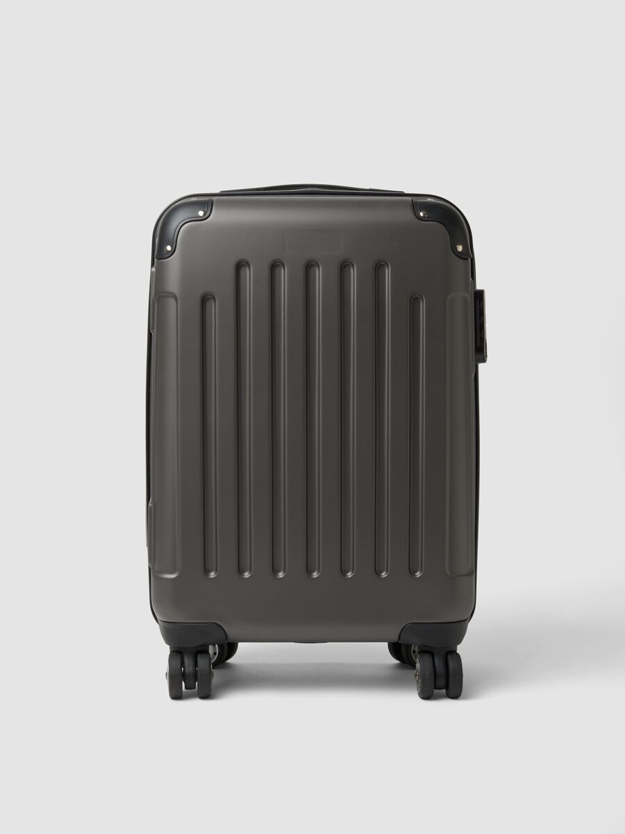 Grey hard-shell travel trolley suitcase with wheels_0