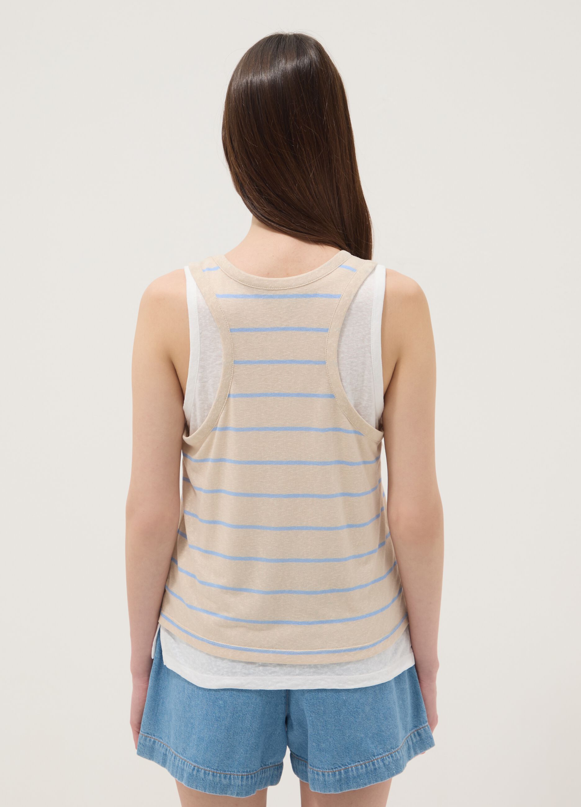 Beige striped viscose-blend tank top, regular fit