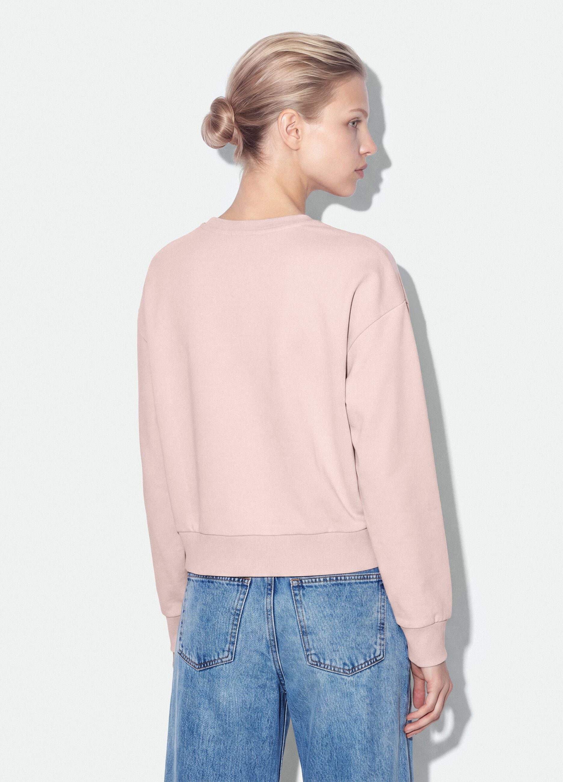 Felpa rosa in misto cotone con girocollo e ricamo