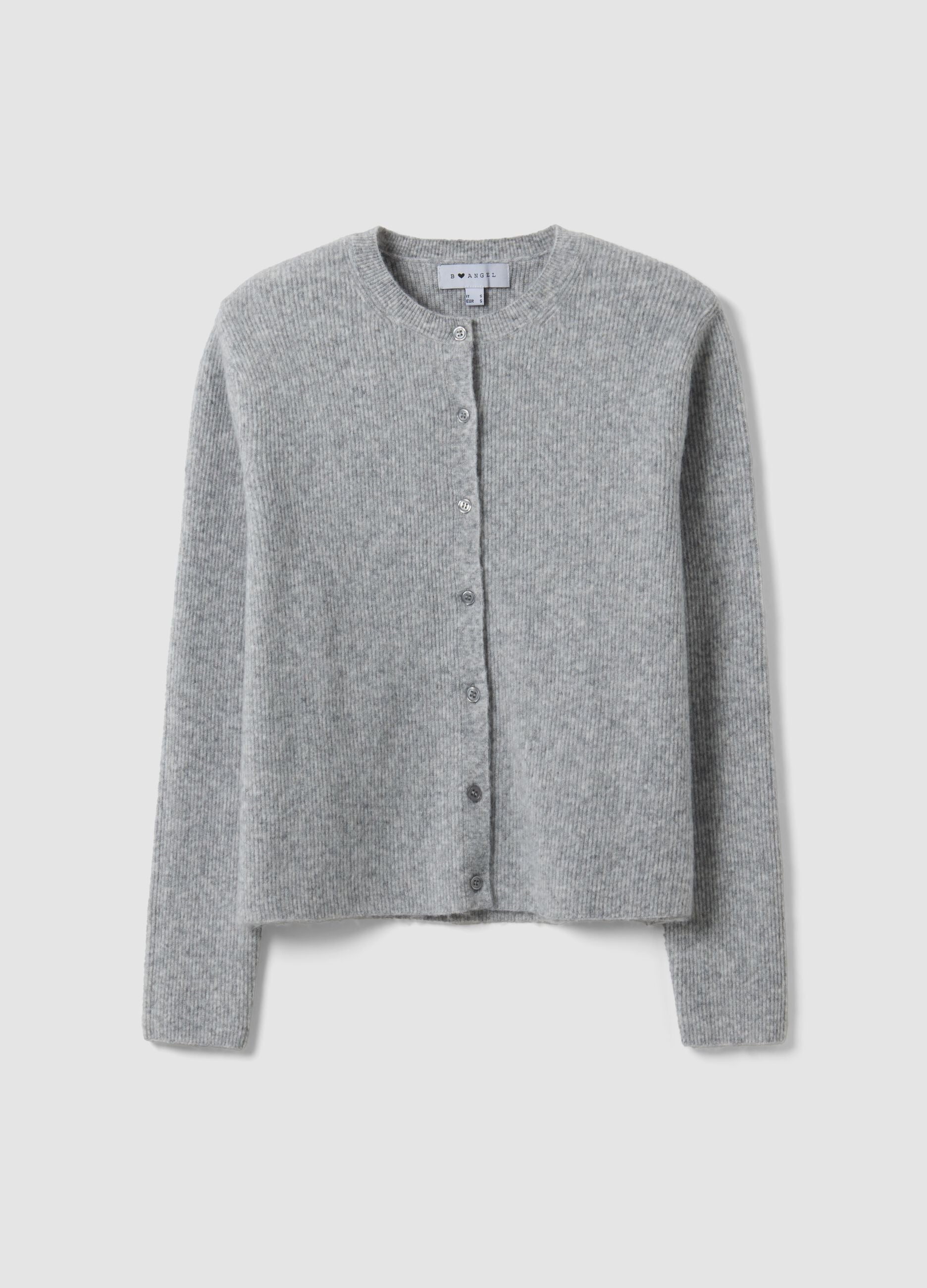 Grey crew-neck cardigan in lyocell and wool blend, oversized fit