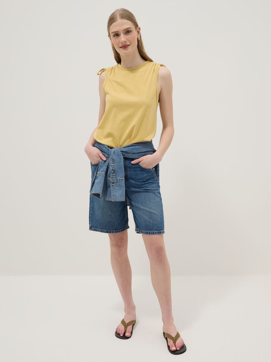 Yellow pure cotton tank top with shoulder ties_1