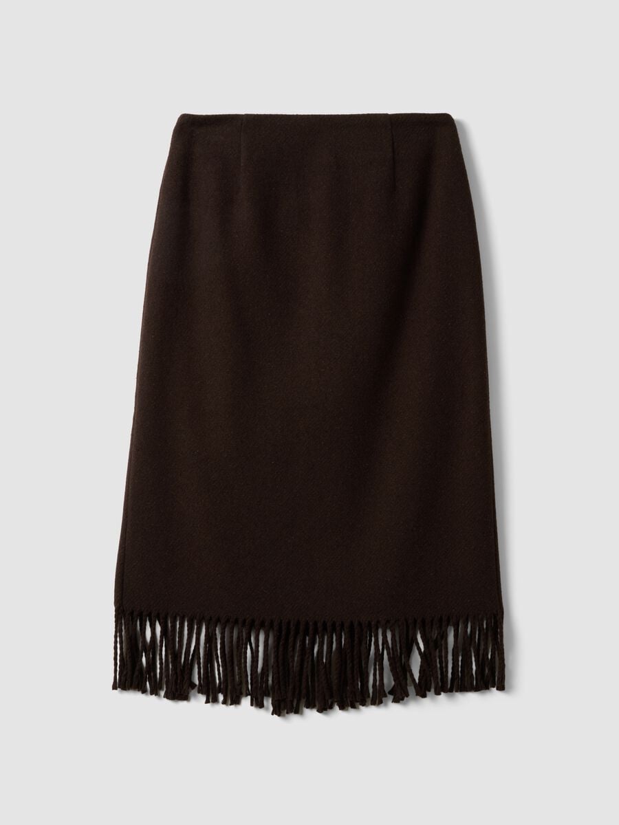 Brown viscose-wool blend skirt with fringed hem_6