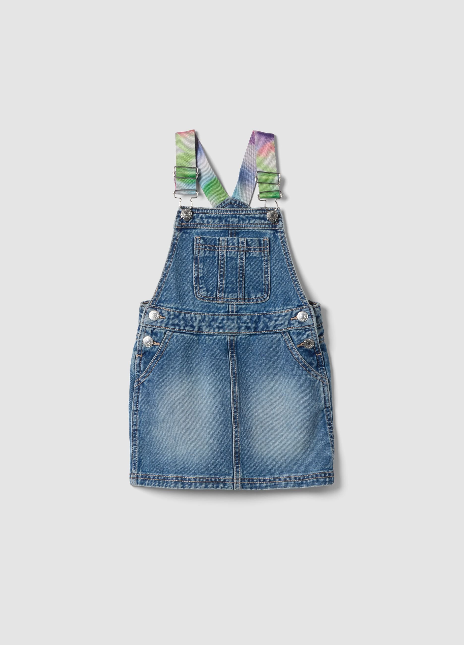 Blaue Denim-Latzhose aus reiner Baumwolle f&uuml;r M&auml;dchen mit bunten Tr&auml;gern