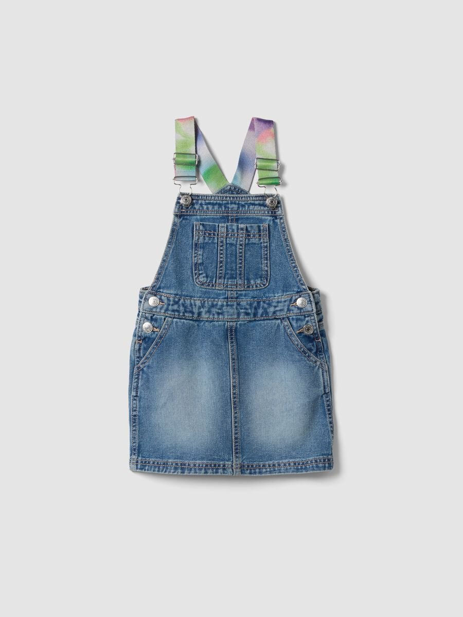 Blaue Denim-Latzhose aus reiner Baumwolle f&uuml;r M&auml;dchen mit bunten Tr&auml;gern_0