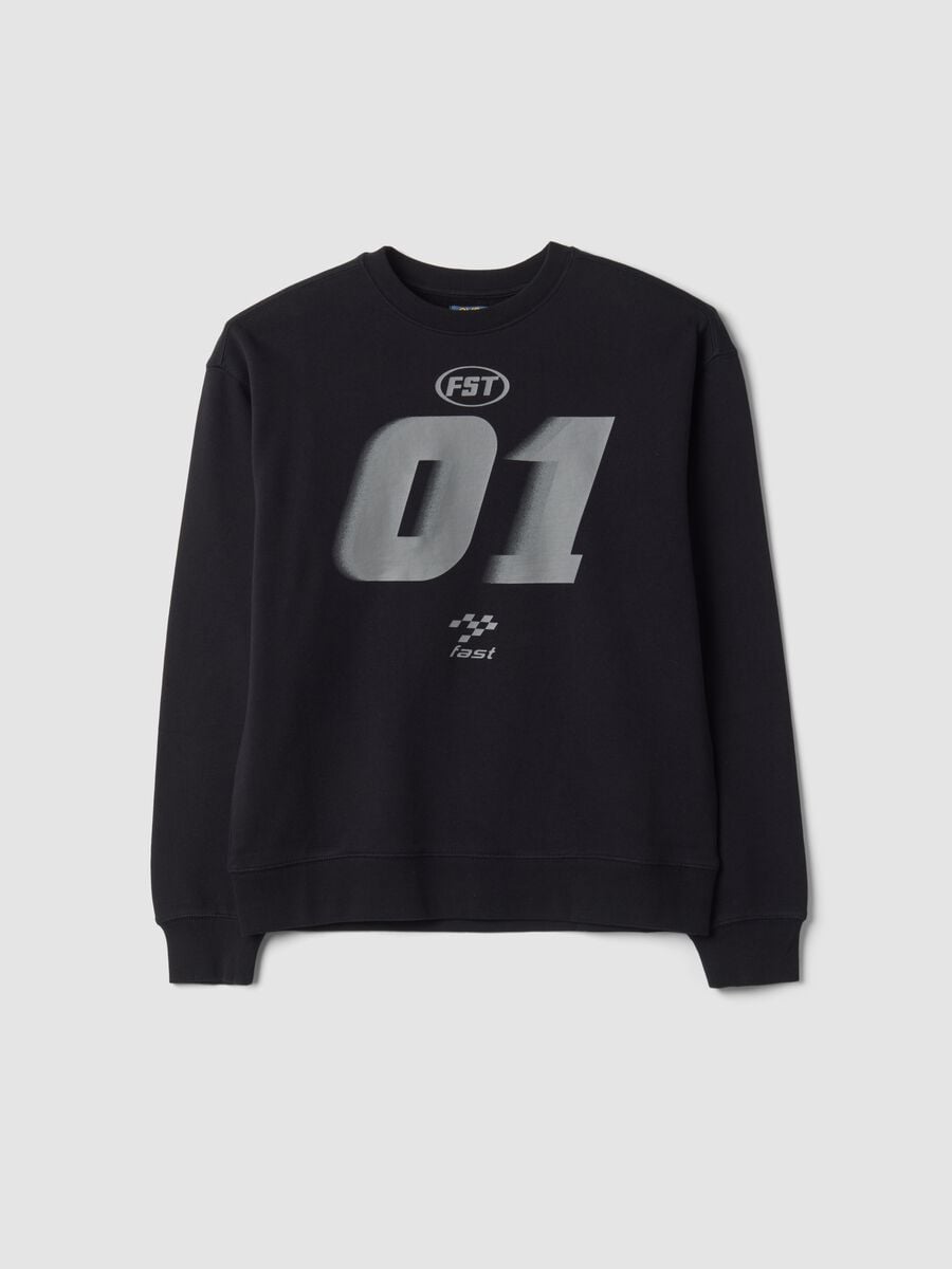 Felpa nera girocollo in puro cotone organico a tema racing relaxed fit_0