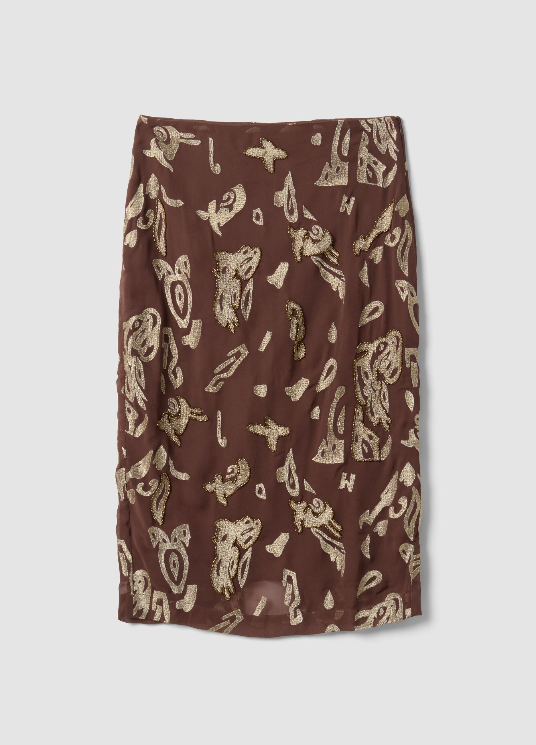 Brown midi skirt in pure viscose with embroidered motif