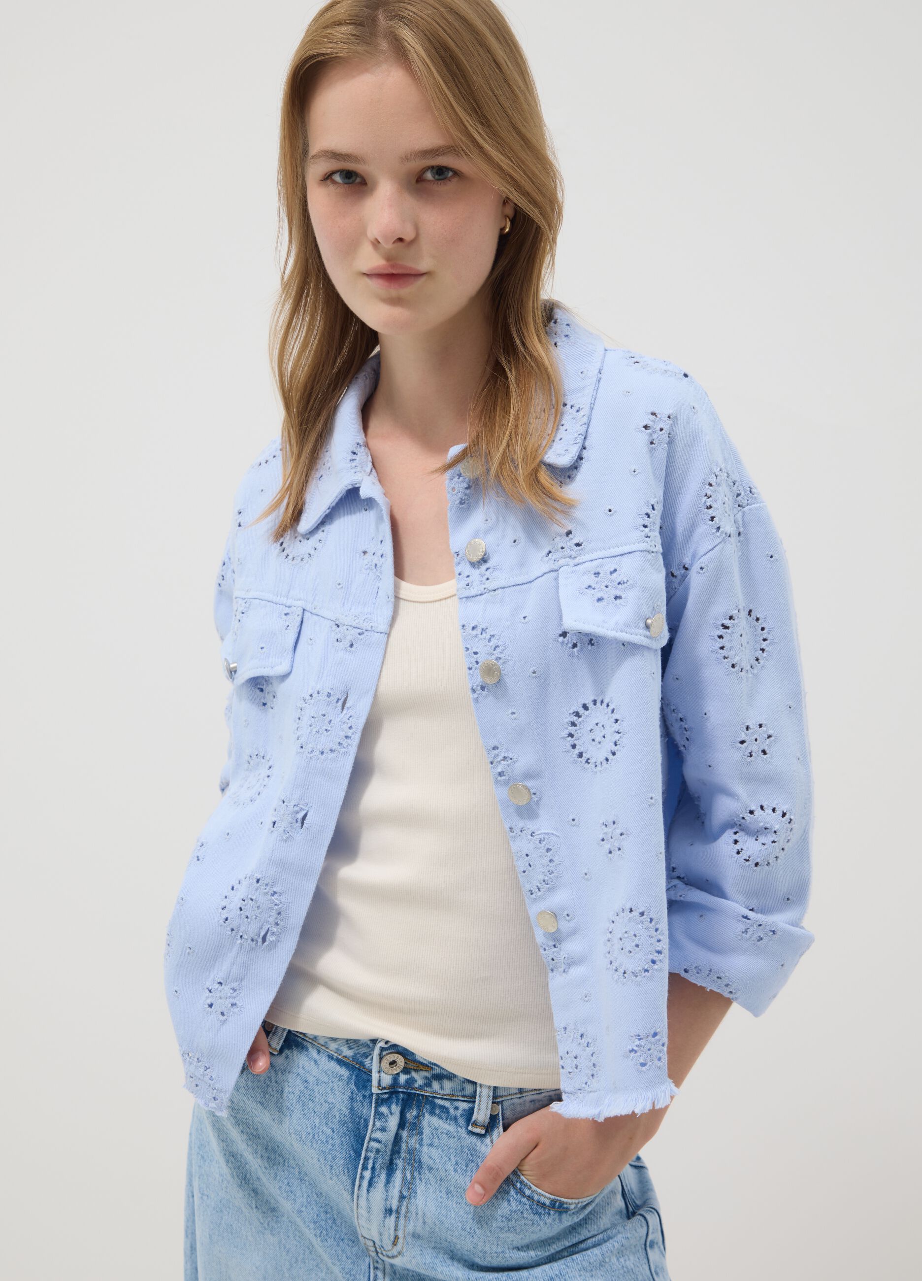 Sky-blue pure cotton broderie anglaise jacket