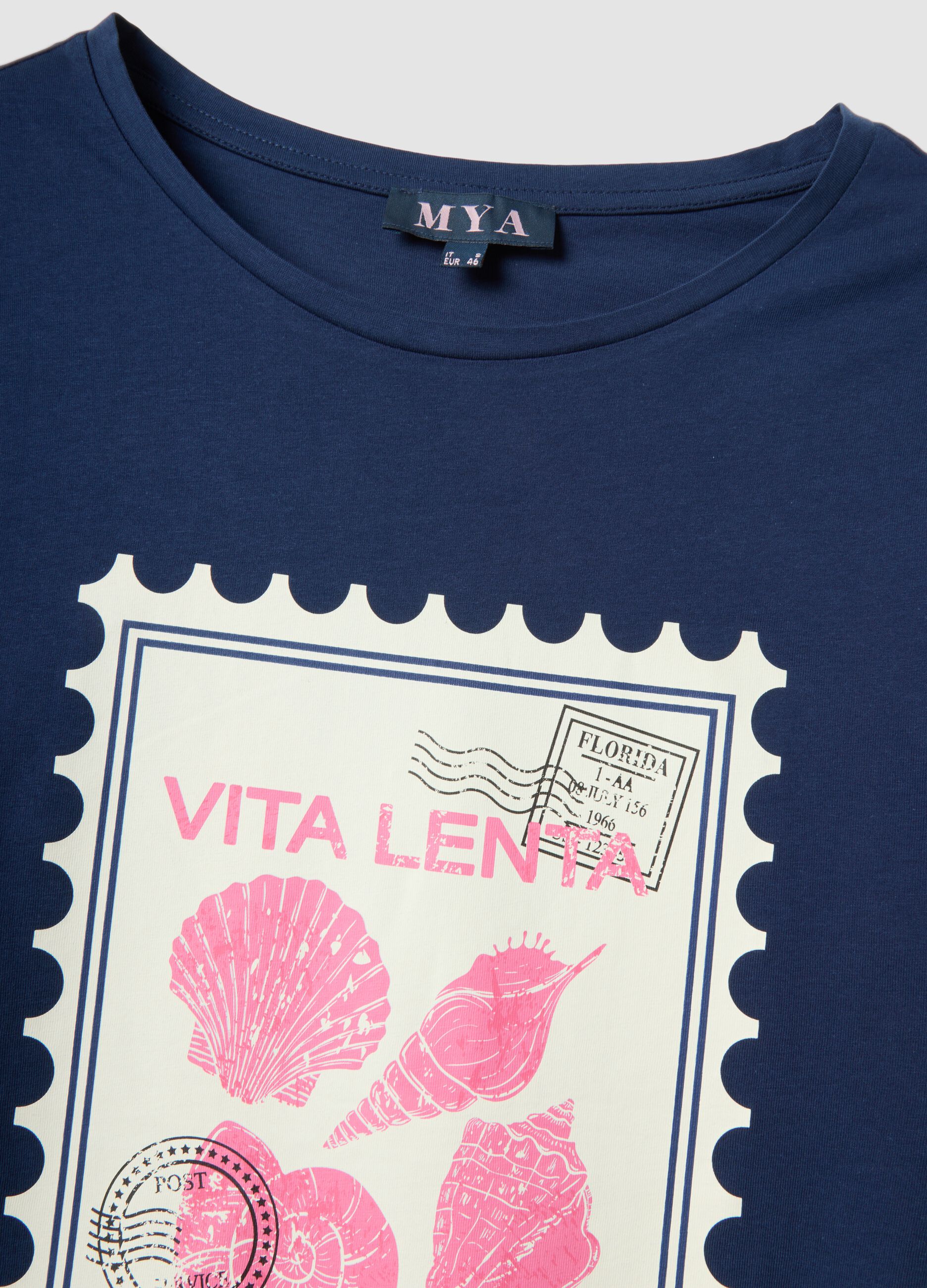 Blue pure cotton T-shirt with print, regular fit
