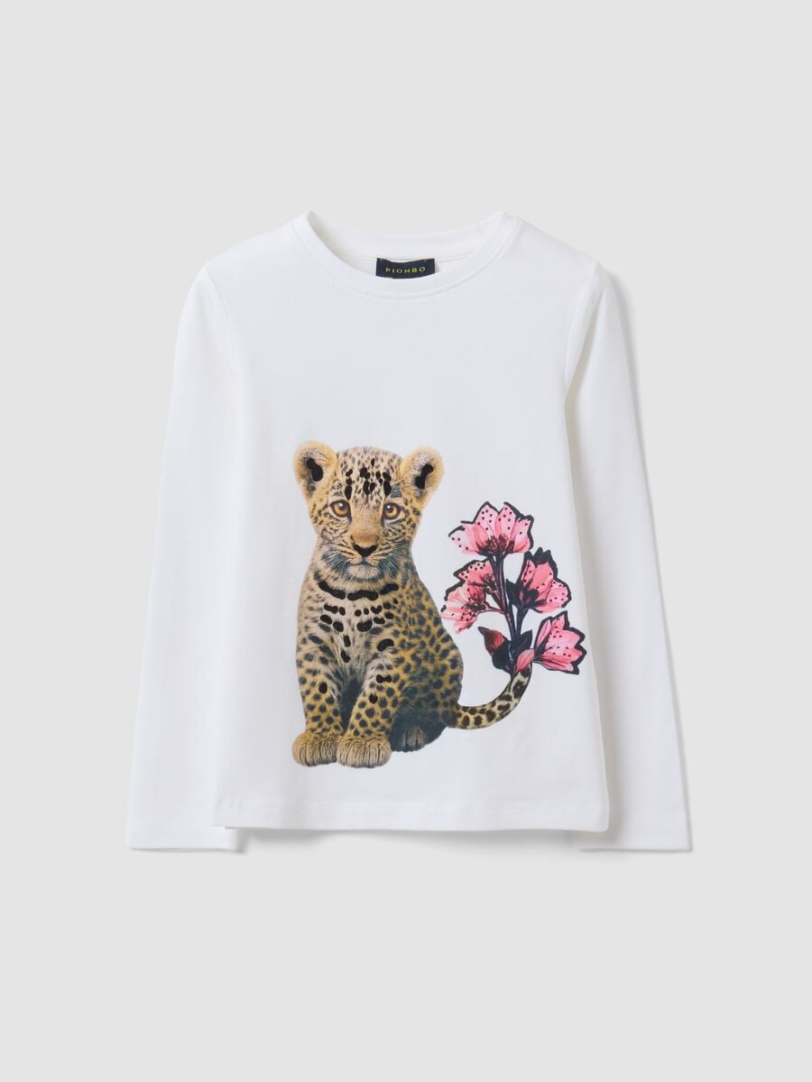 White stretch cotton T-shirt with leopard print for girls_0