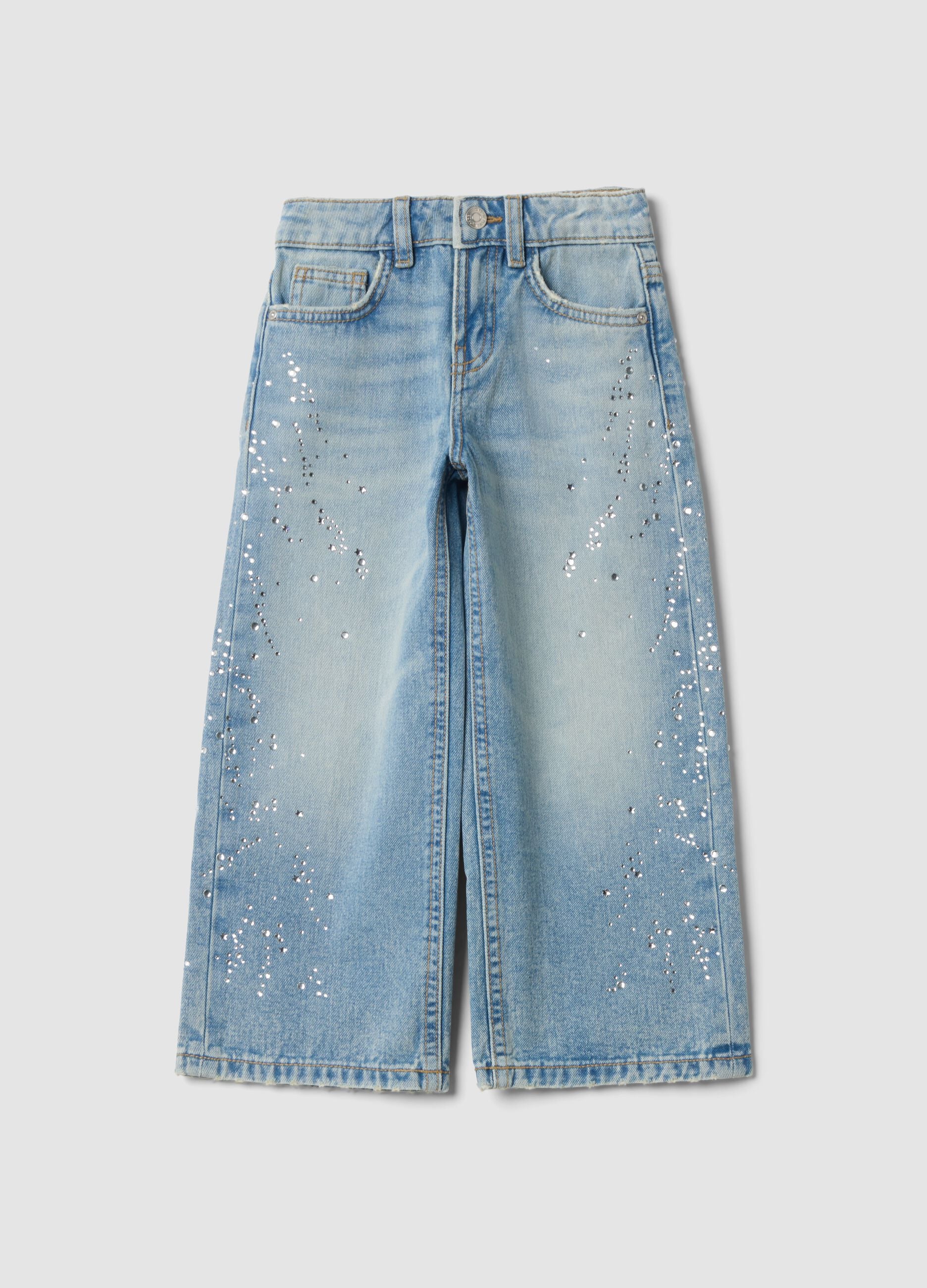 Jeans de ganga 100% algod&atilde;o straight fit com strass