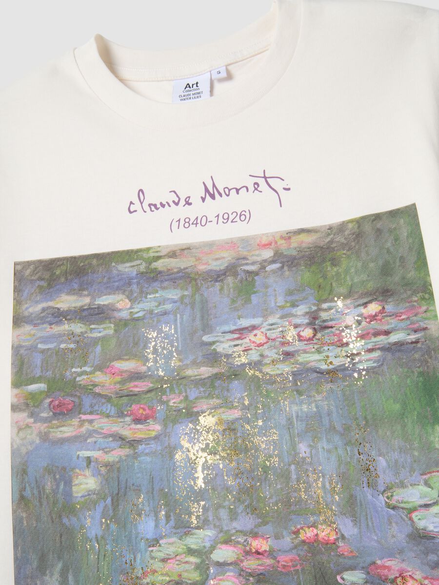 White pure cotton regular fit T-shirt with Monet print_5