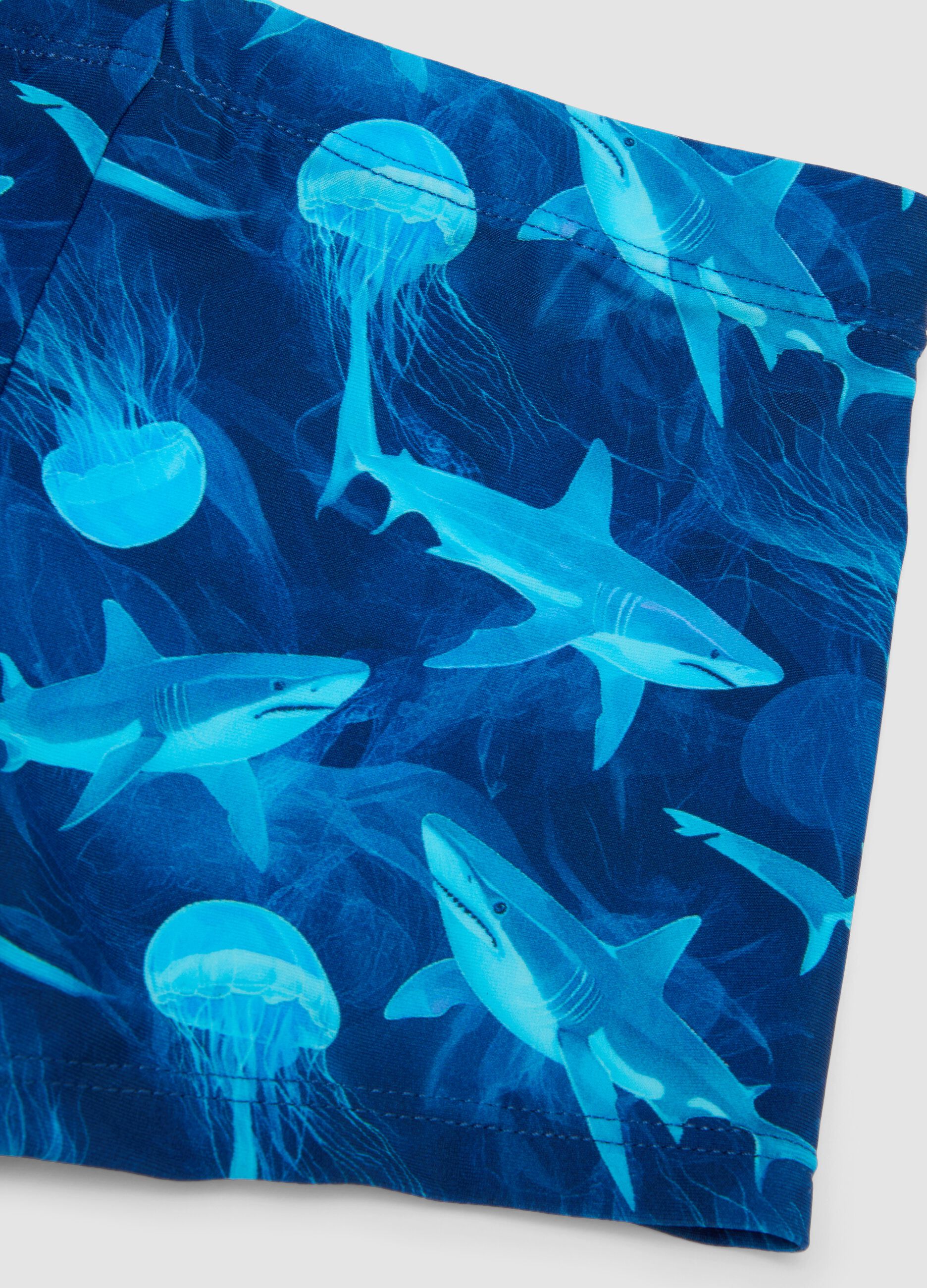 Blaue Stretch-Badeboxershorts mit Haiprint