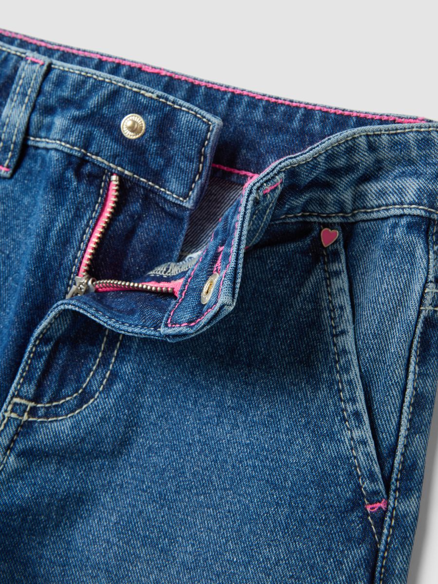 Blue wide-leg pure cotton jeans with floral print for girls_2
