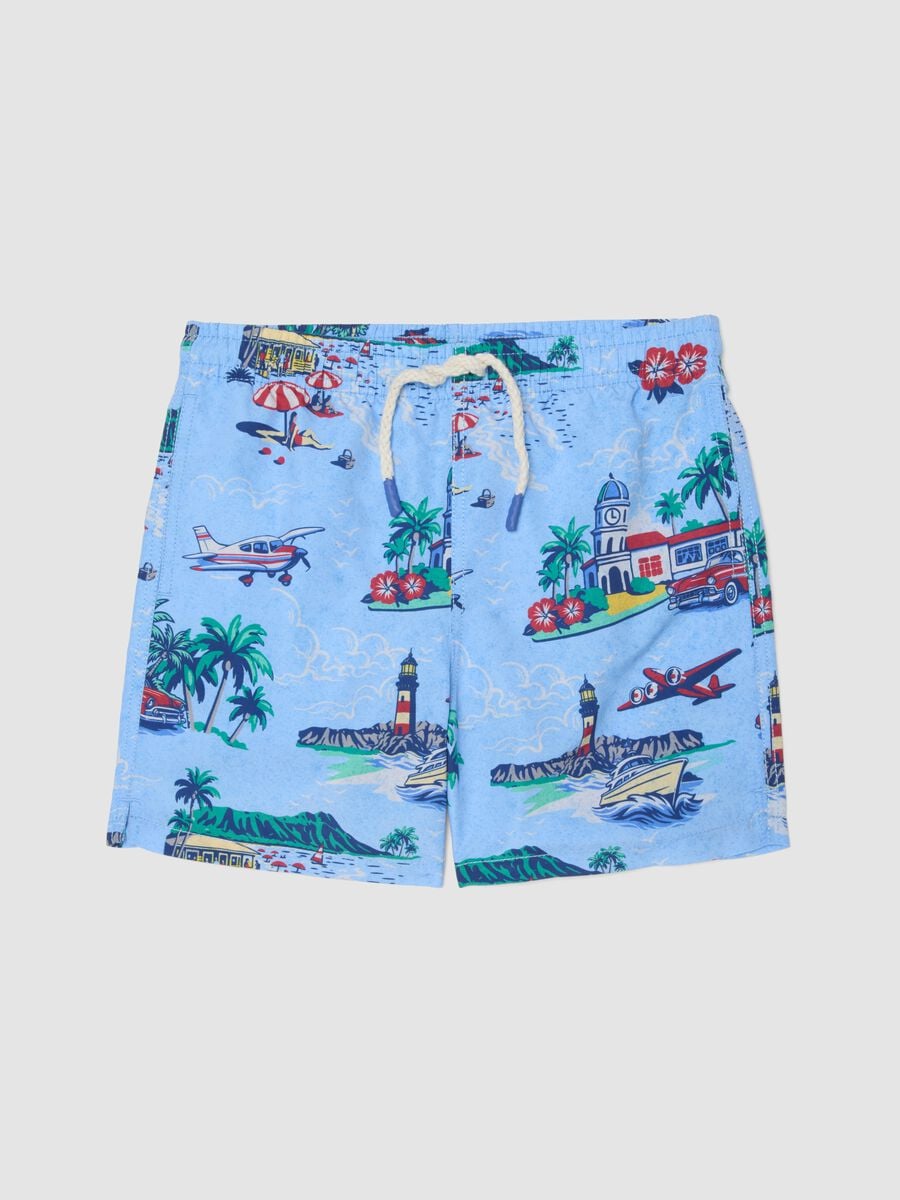 Blue tropical-print swim shorts_0