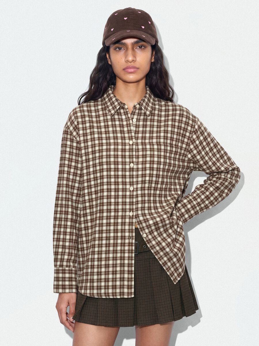 Camicia marrone a quadri in flanella di puro cotone_0