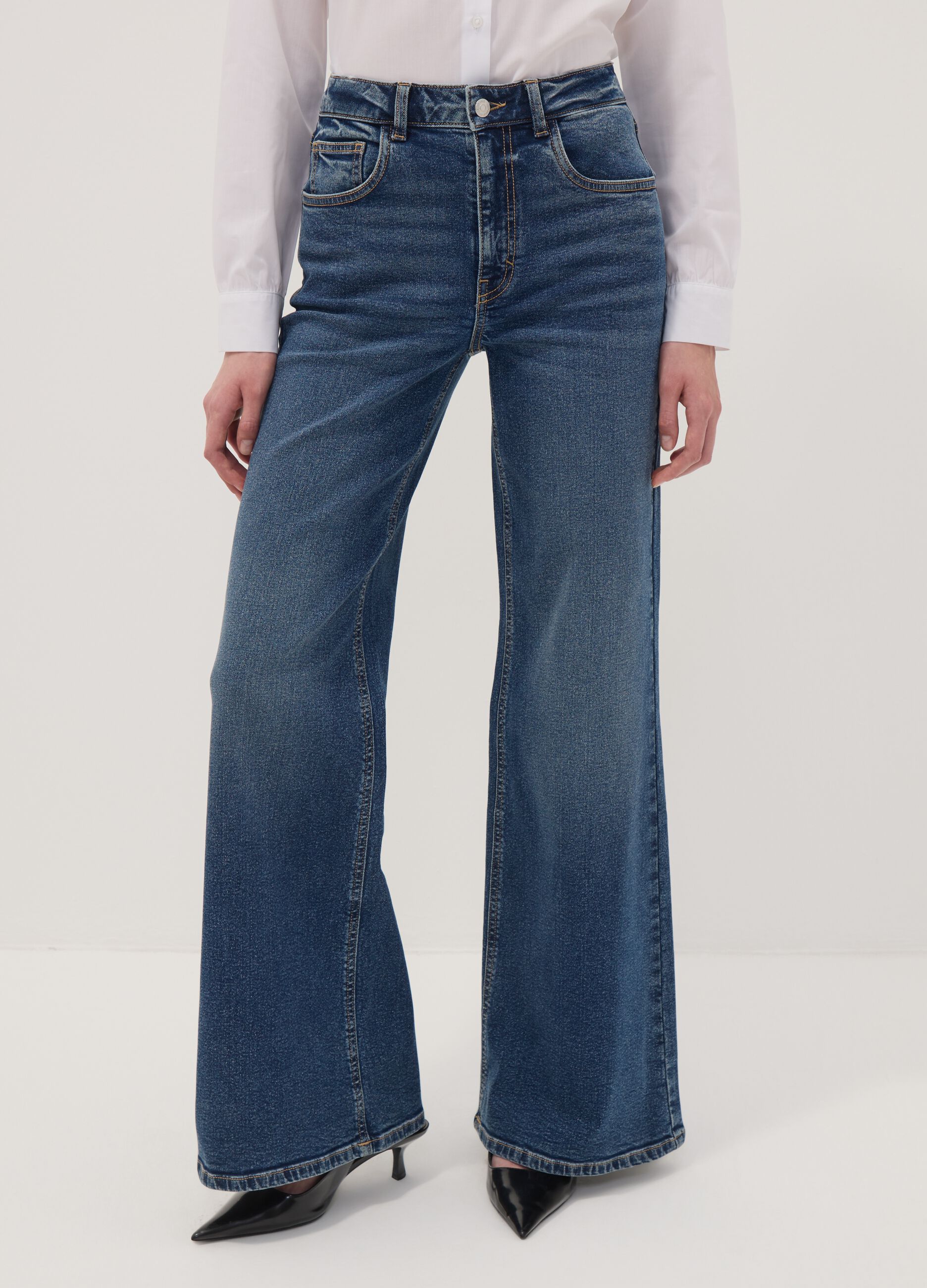 Blue high-waisted wide-leg stretch cotton jeans