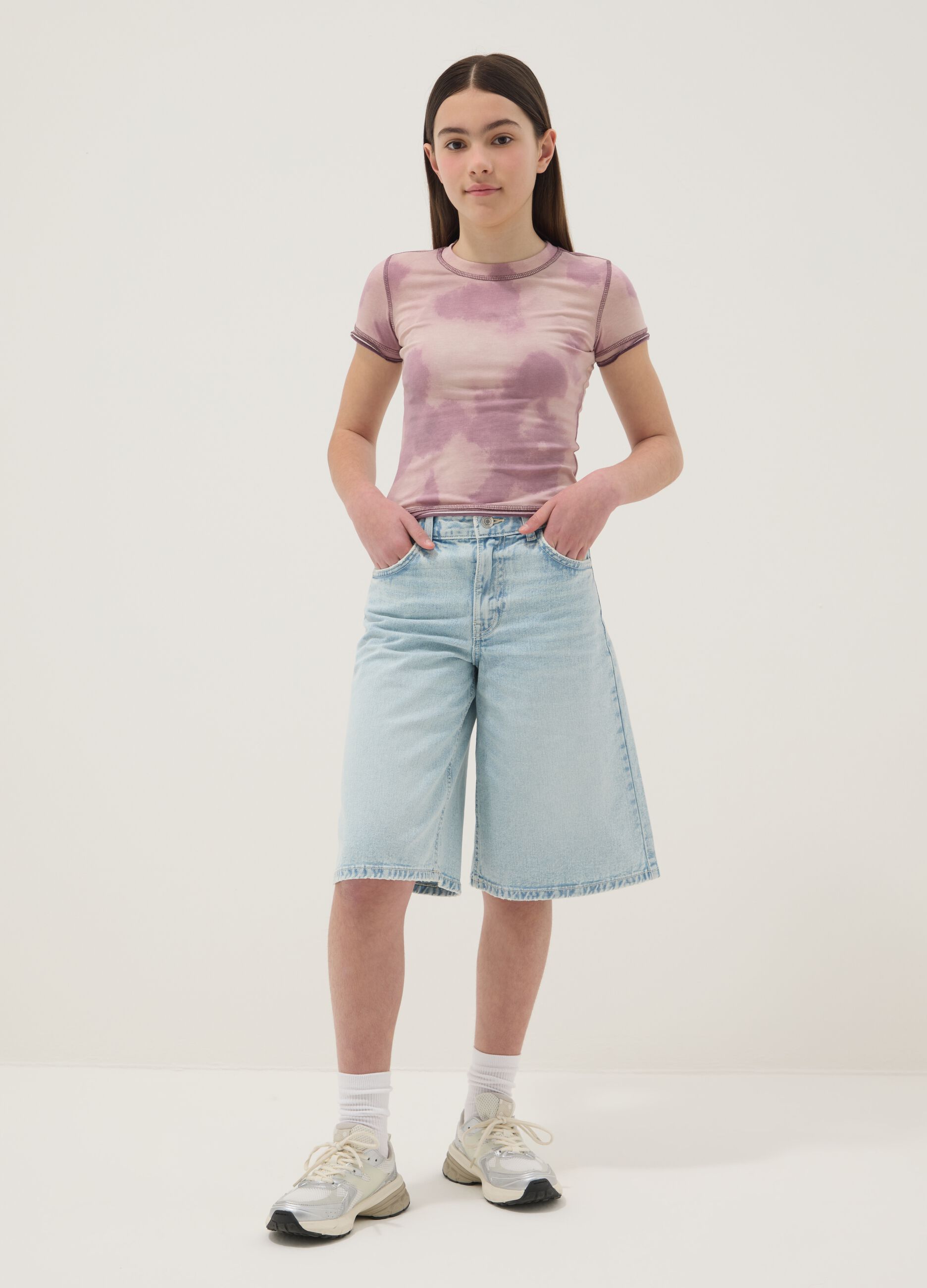 Light blue pure cotton denim shorts for girls, straight fit
