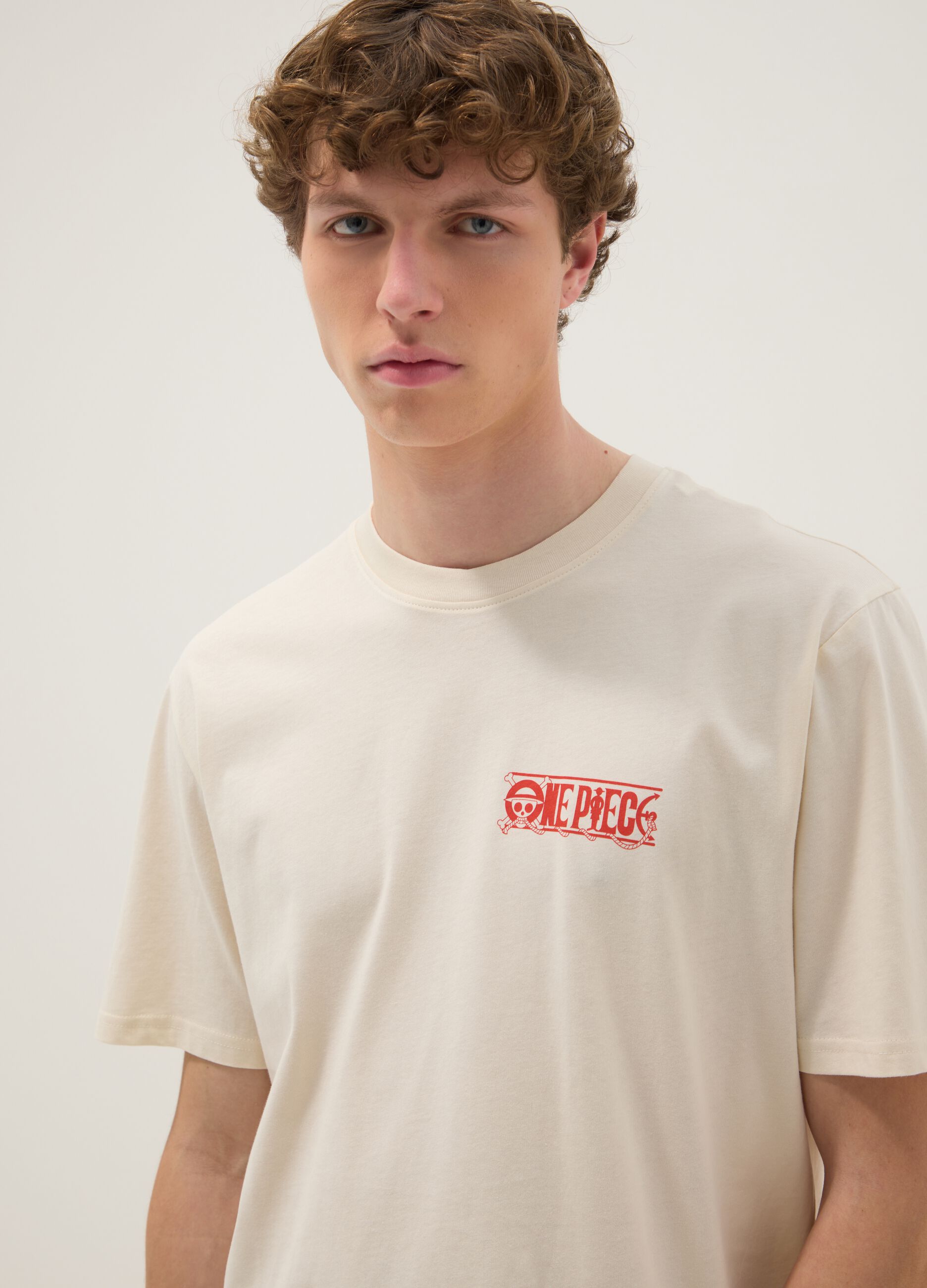 Weisses T-Shirt mit One Piece-Print aus reiner Baumwolle, Relaxed Fit
