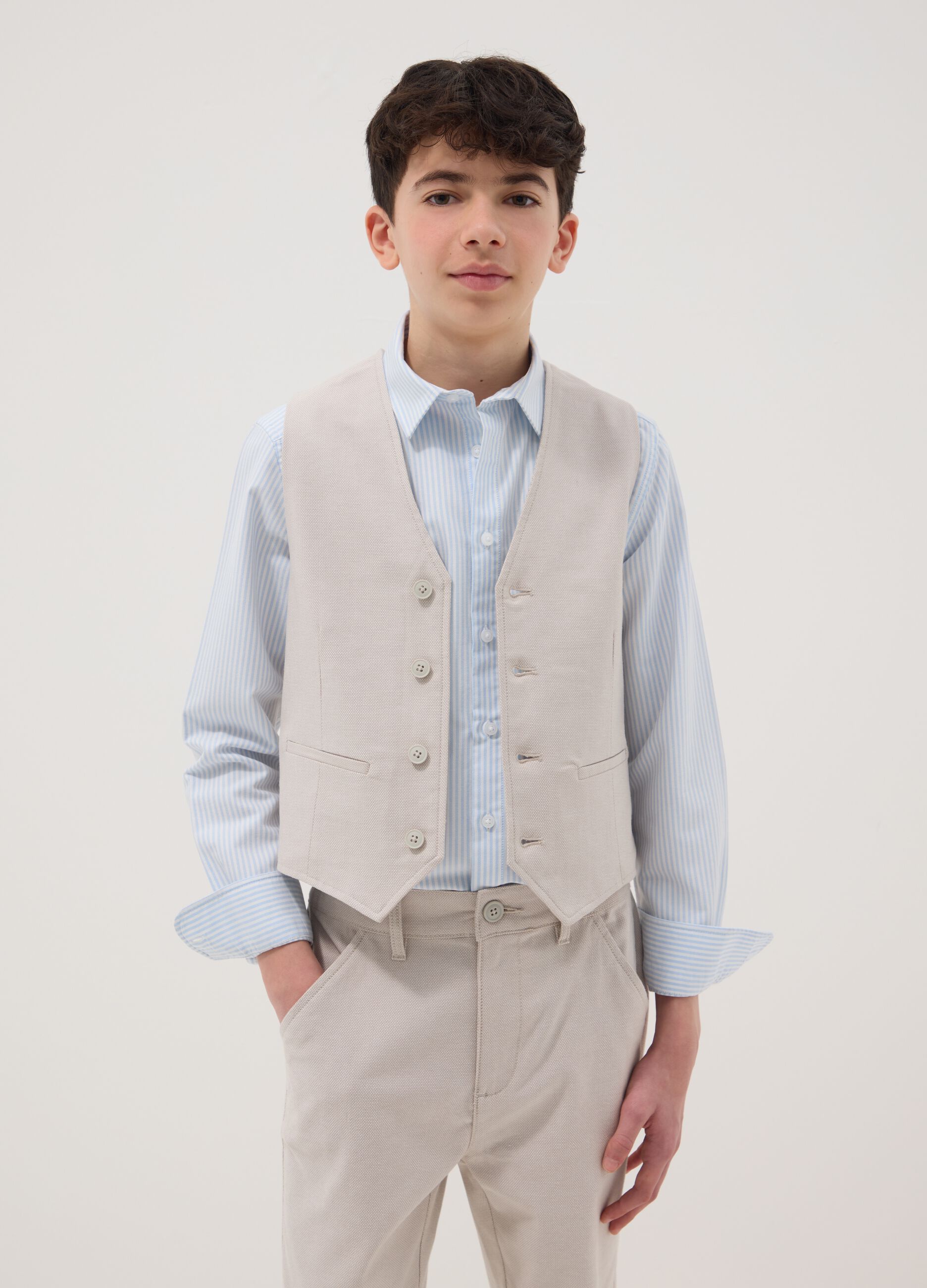 Boys' beige stretch cotton waistcoat slim fit