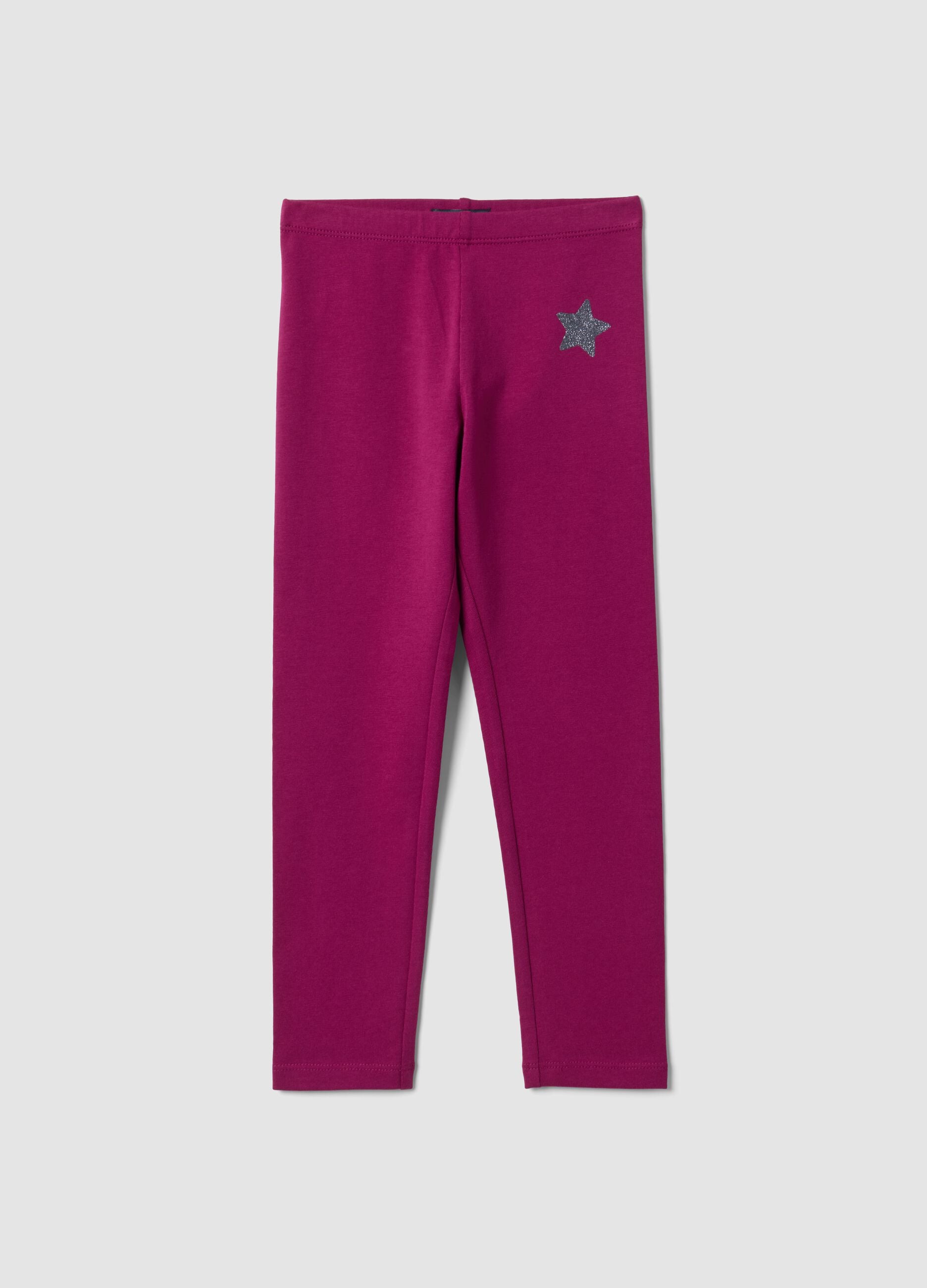 Purple and black stretch organic cotton leggings with star for girls