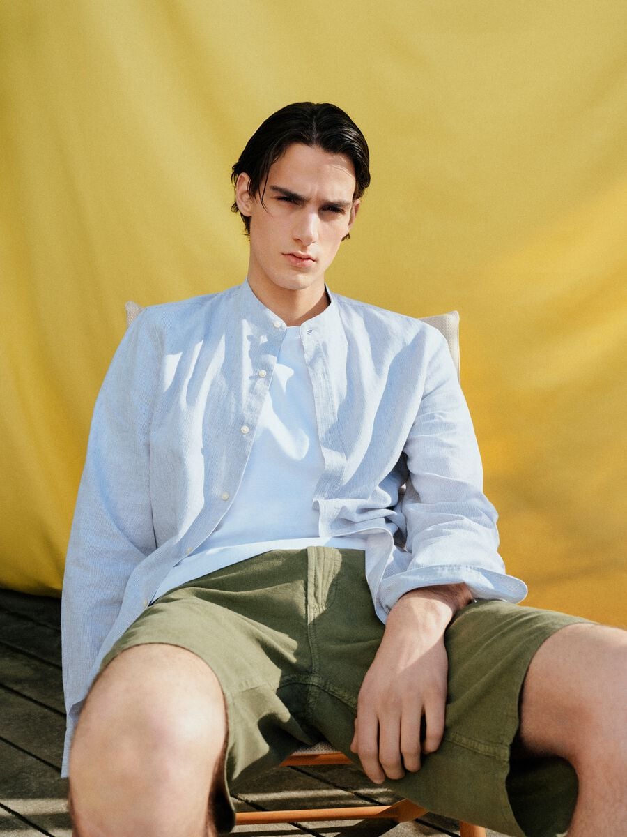 Multicolour striped shirt with mandarin collar in linen-cotton blend regular fit_0