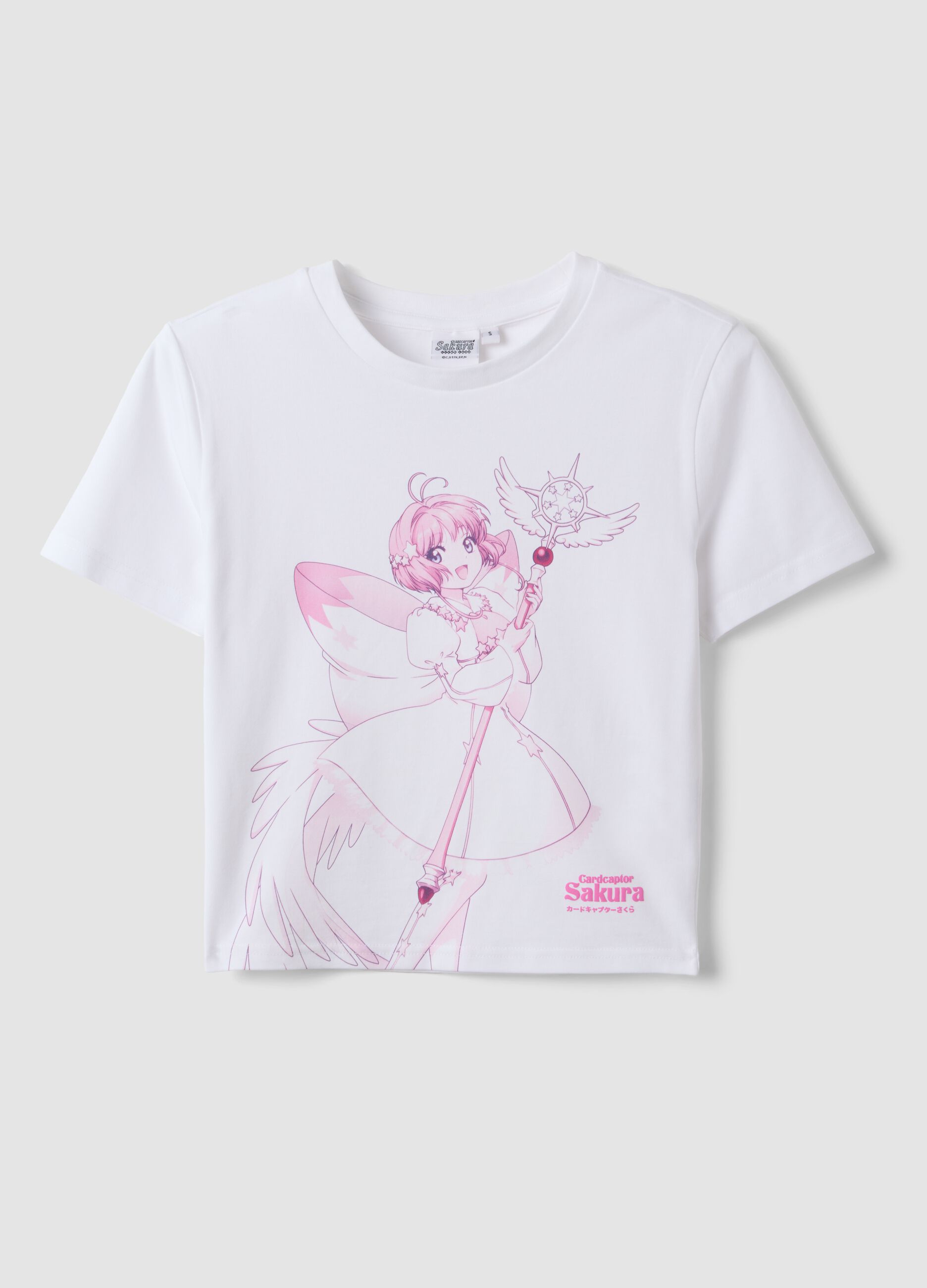 White stretch cotton T-shirt with Sakura print, regular fit