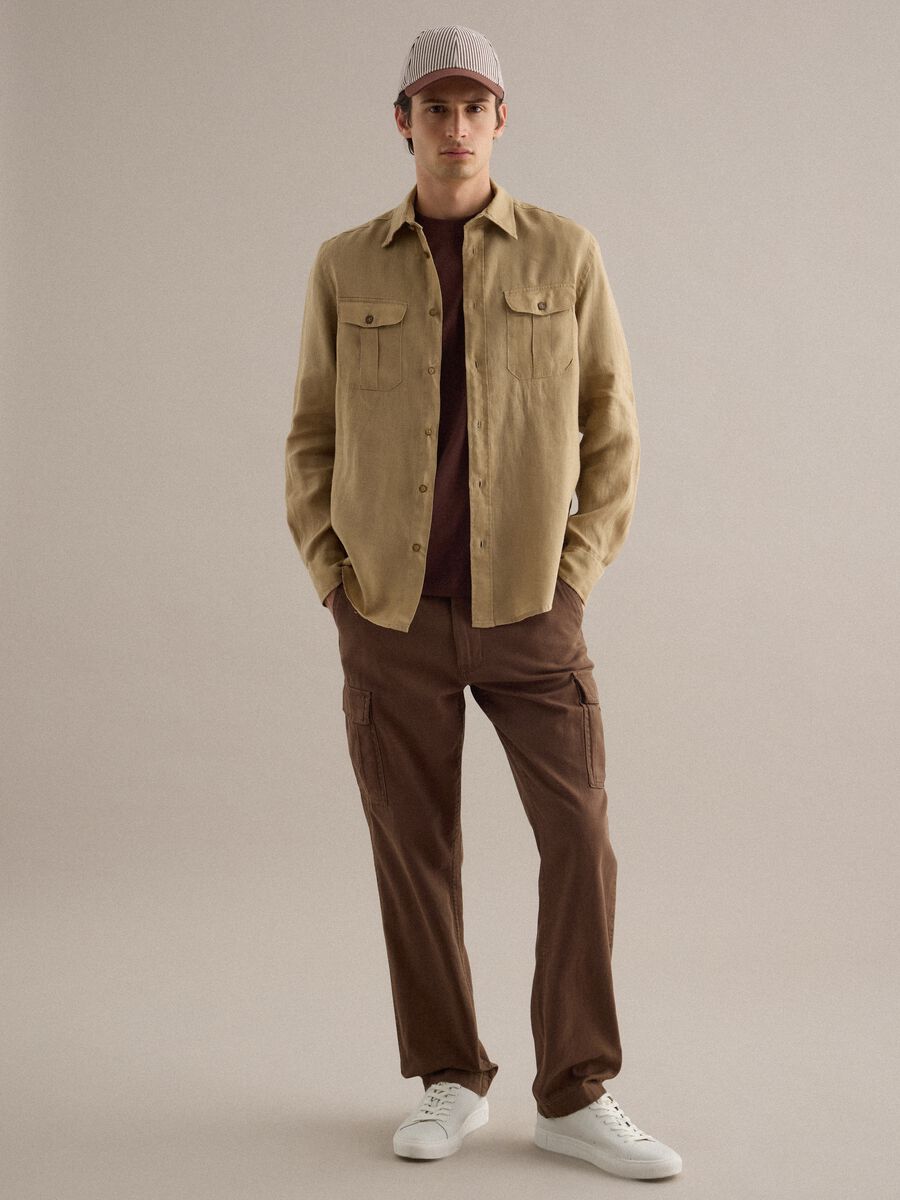 Camicia a maniche lunghe in puro lino beige regular fit_1
