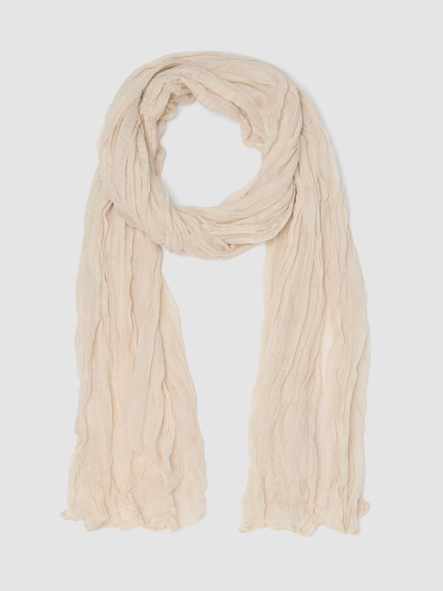 Beige semi-sheer crinkled-effect scarf_0