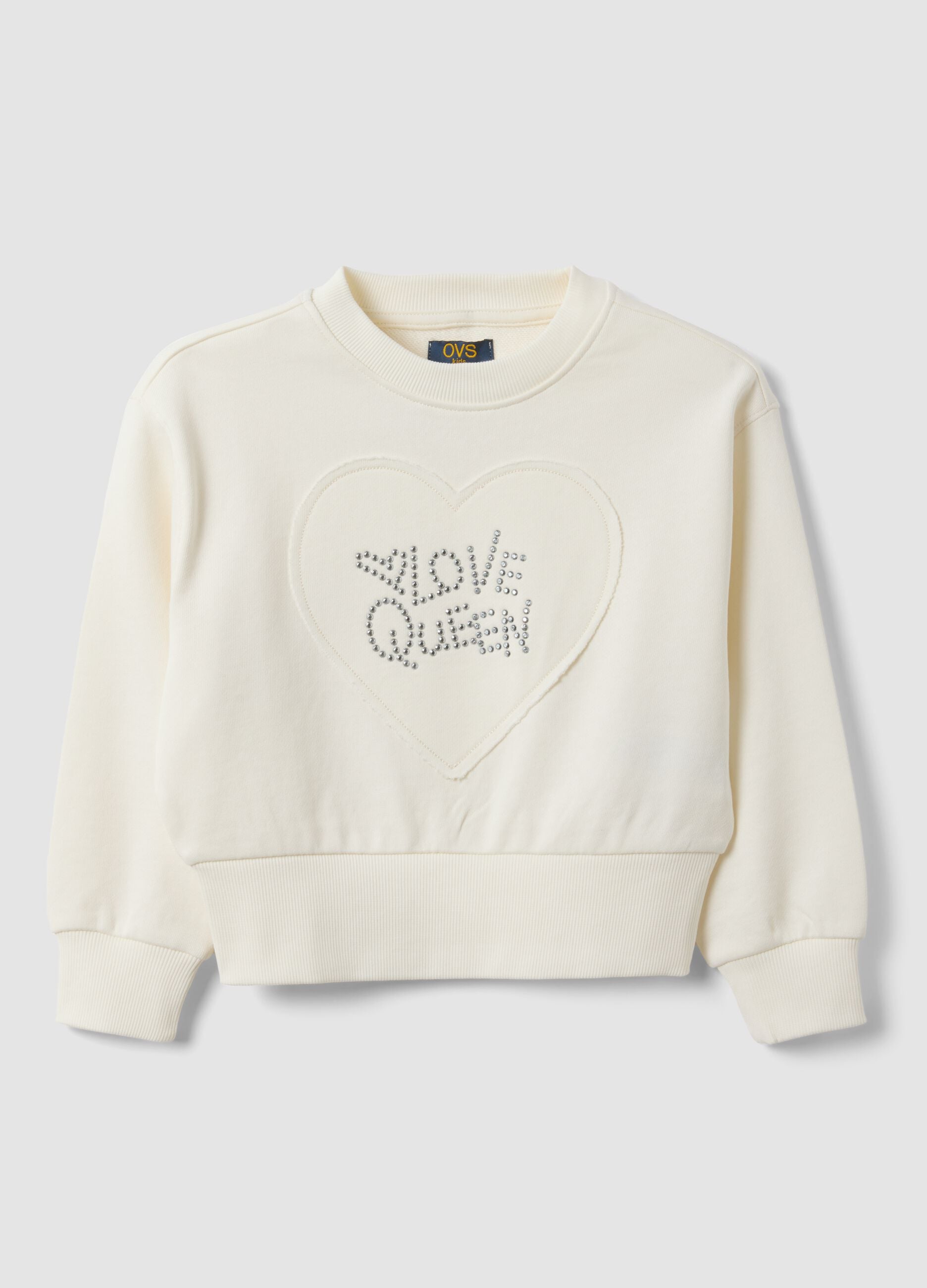 Sweat blanc en pur coton avec inscription en strass et c&oelig;ur brod&eacute; pour fille