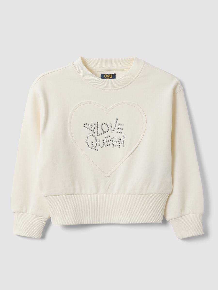 White pure cotton sweatshirt with rhinestone slogan and embroidered heart for girls_0