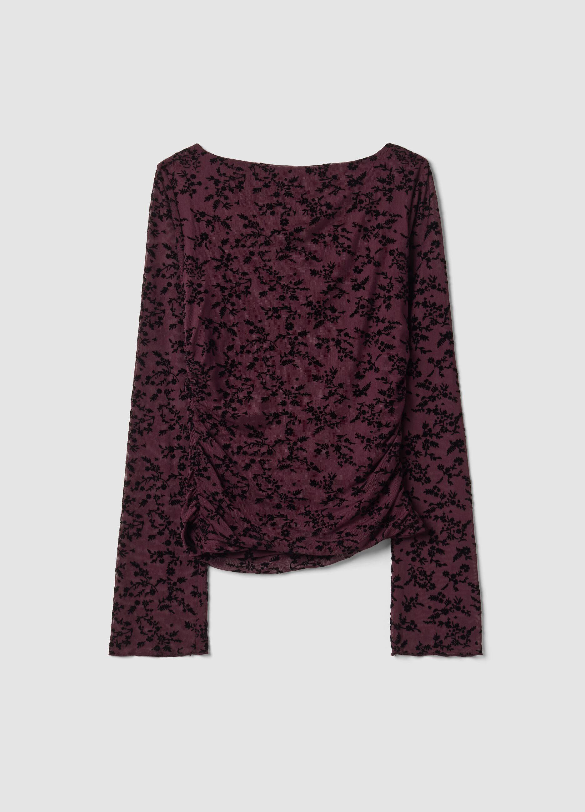 Violettes Stretch-T-Shirt mit beflocktem Blumenmotiv