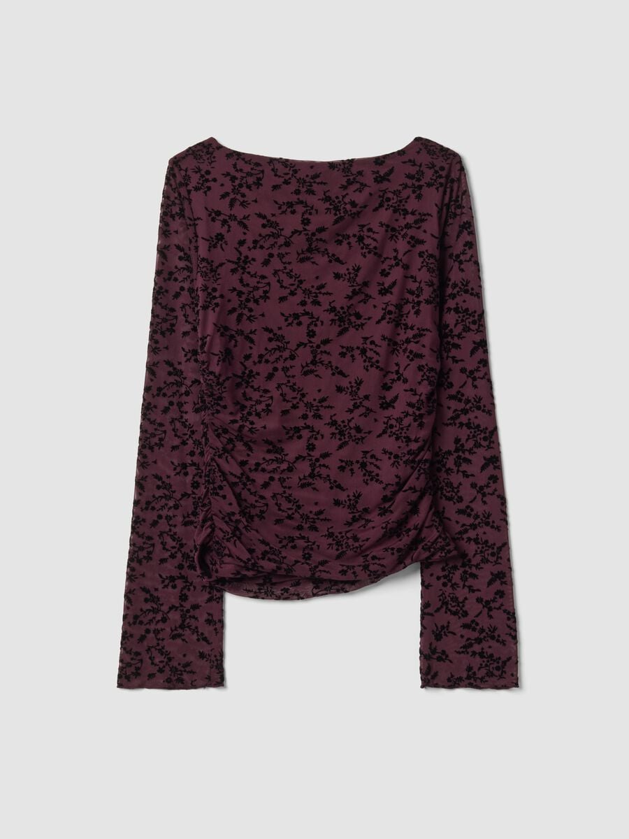 Purple stretch T-shirt with flocked floral motif_6