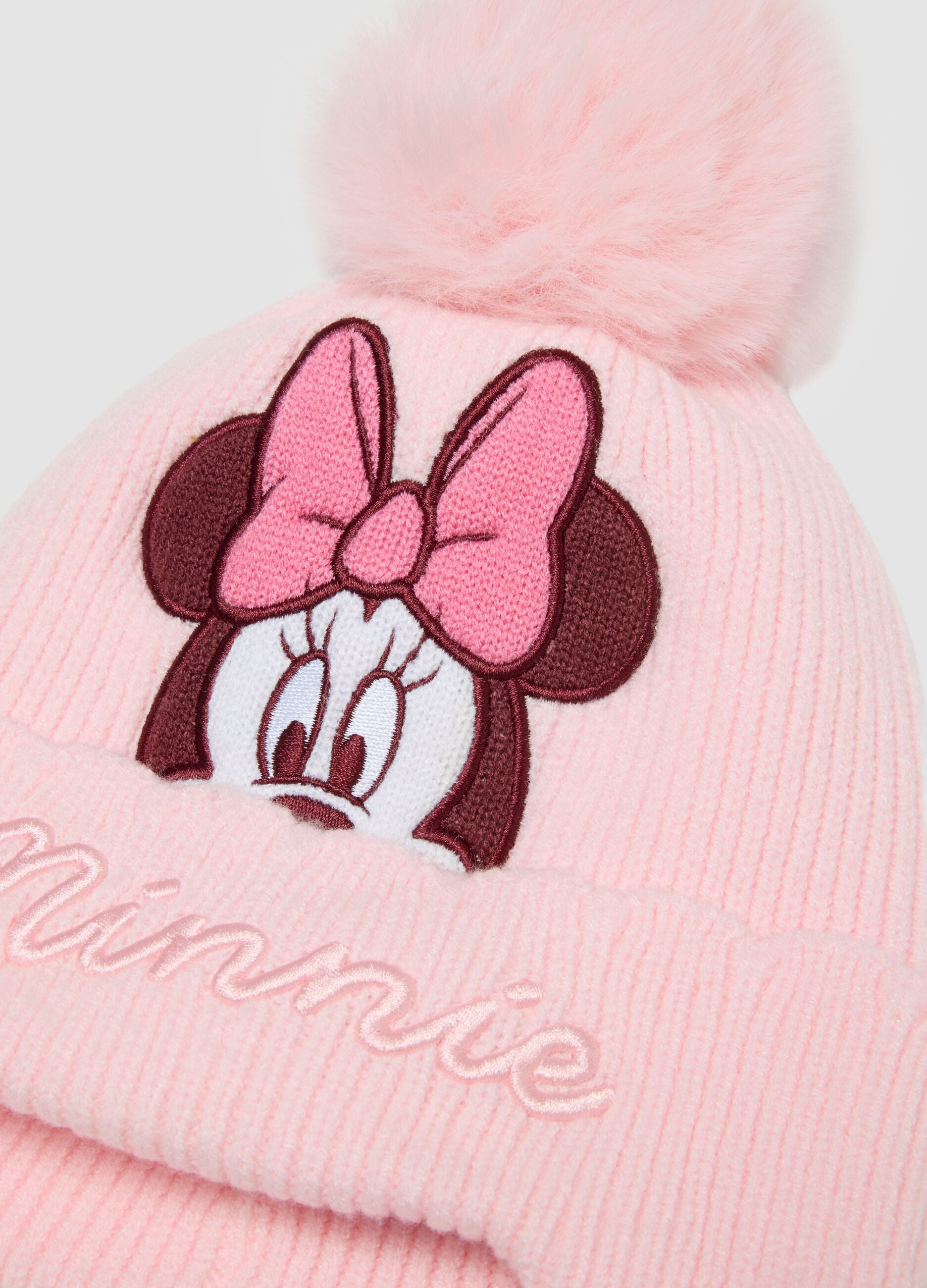 Gorro rosa em mistura de viscose com pompom e bordado Minnie