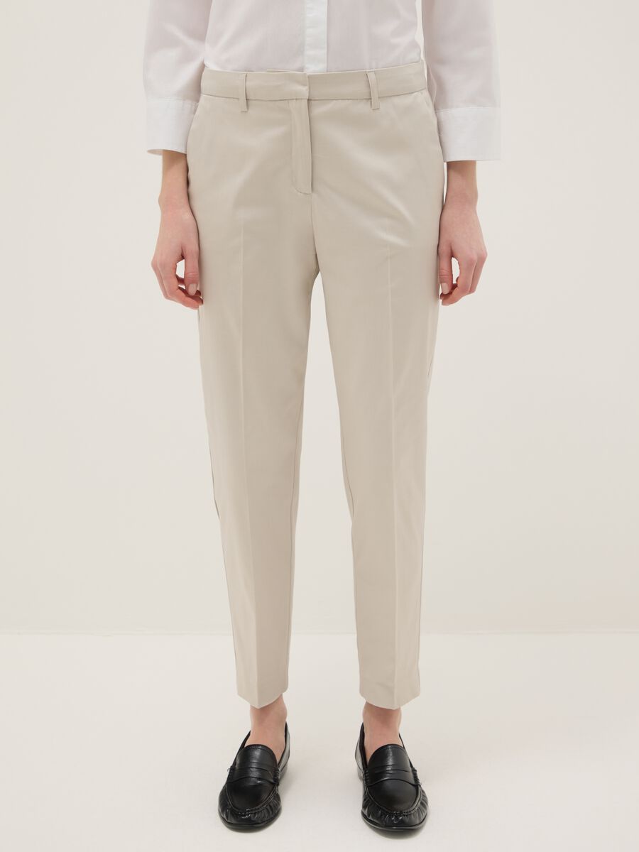 Beige stretch cotton satin trousers regular fit_1
