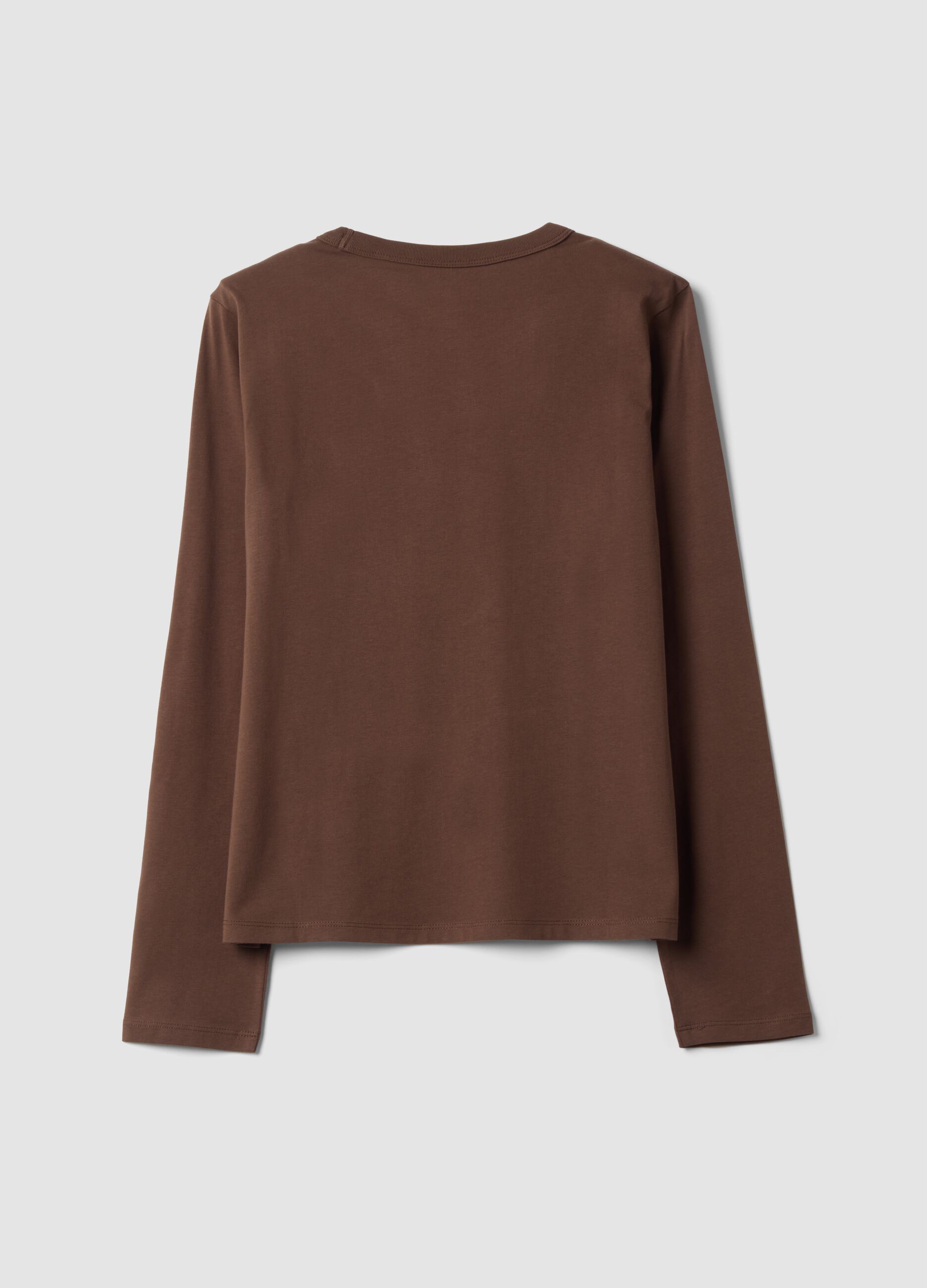 T-shirt marrone in jersey di puro cotone a maniche lunghe regular fit