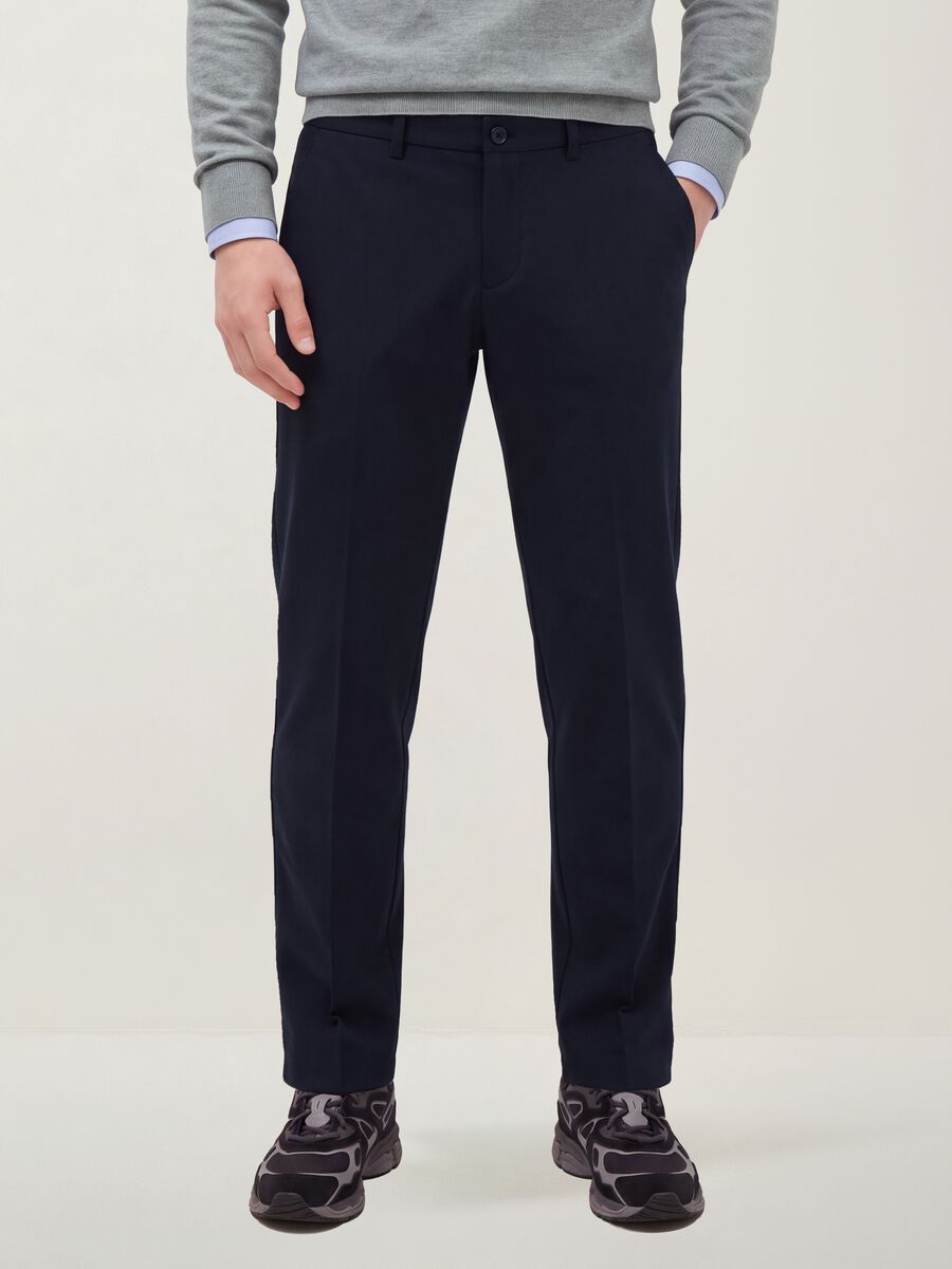 Navy slim-fit stretch viscose twill chino trousers_1