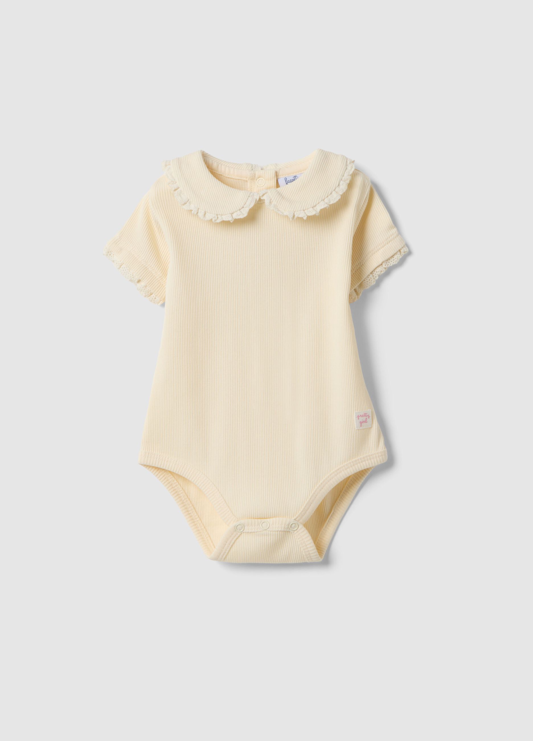 Baby's pure cotton beige striped bodysuit with ruched collar