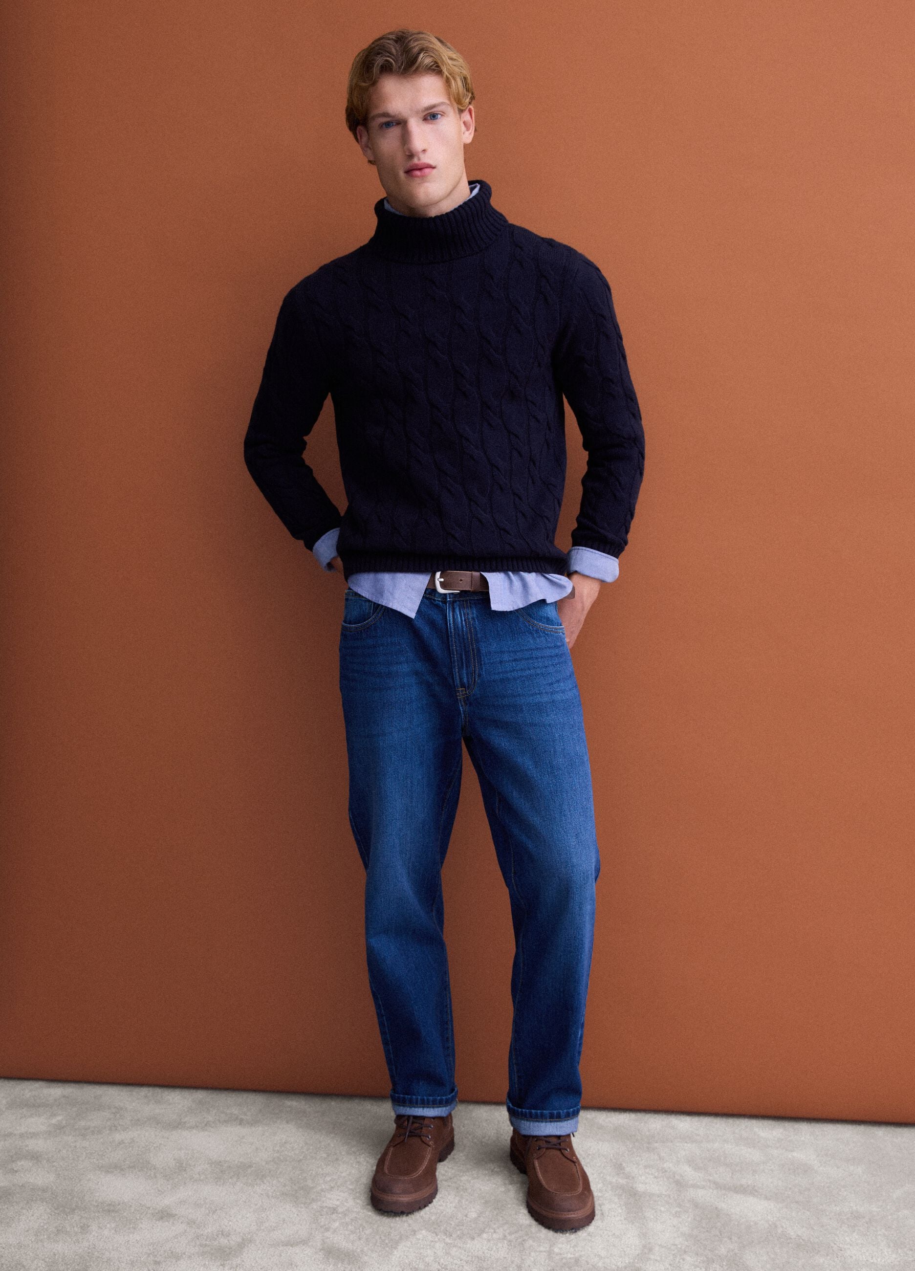 Navy blue cable-knit wool-blend regular-fit roll-neck jumper