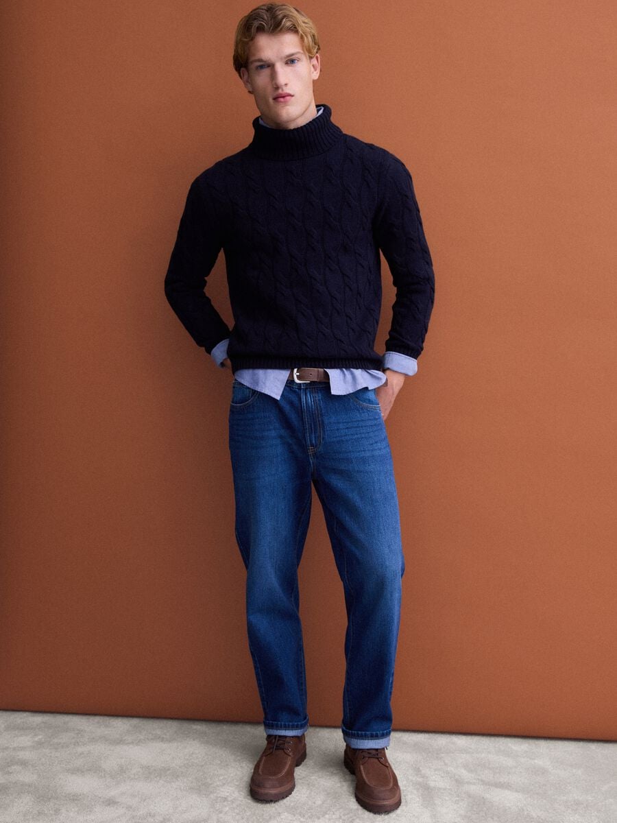 Navy blue cable-knit wool-blend regular-fit roll-neck jumper_1