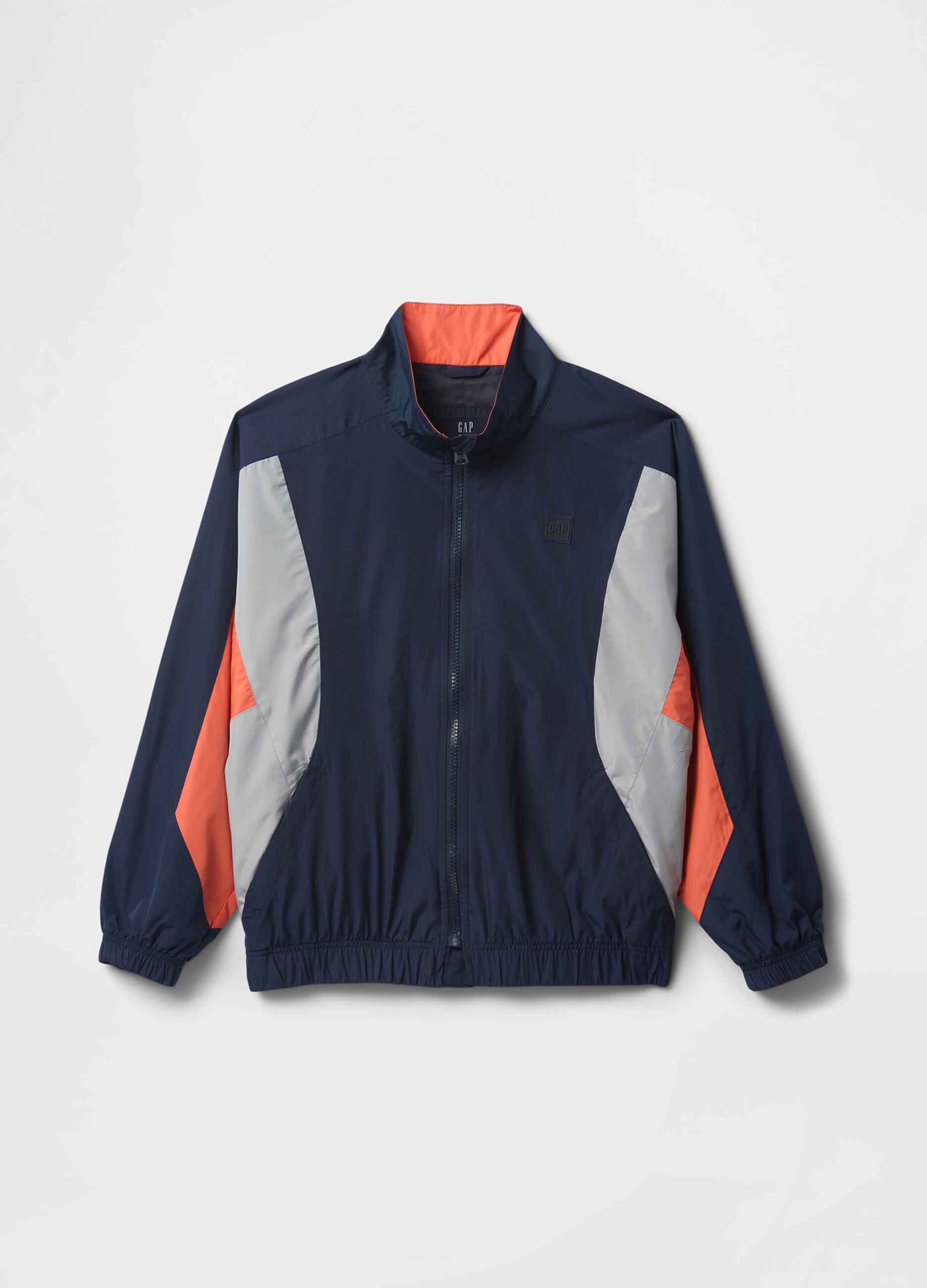 Light blue jacket with orange and grey accents