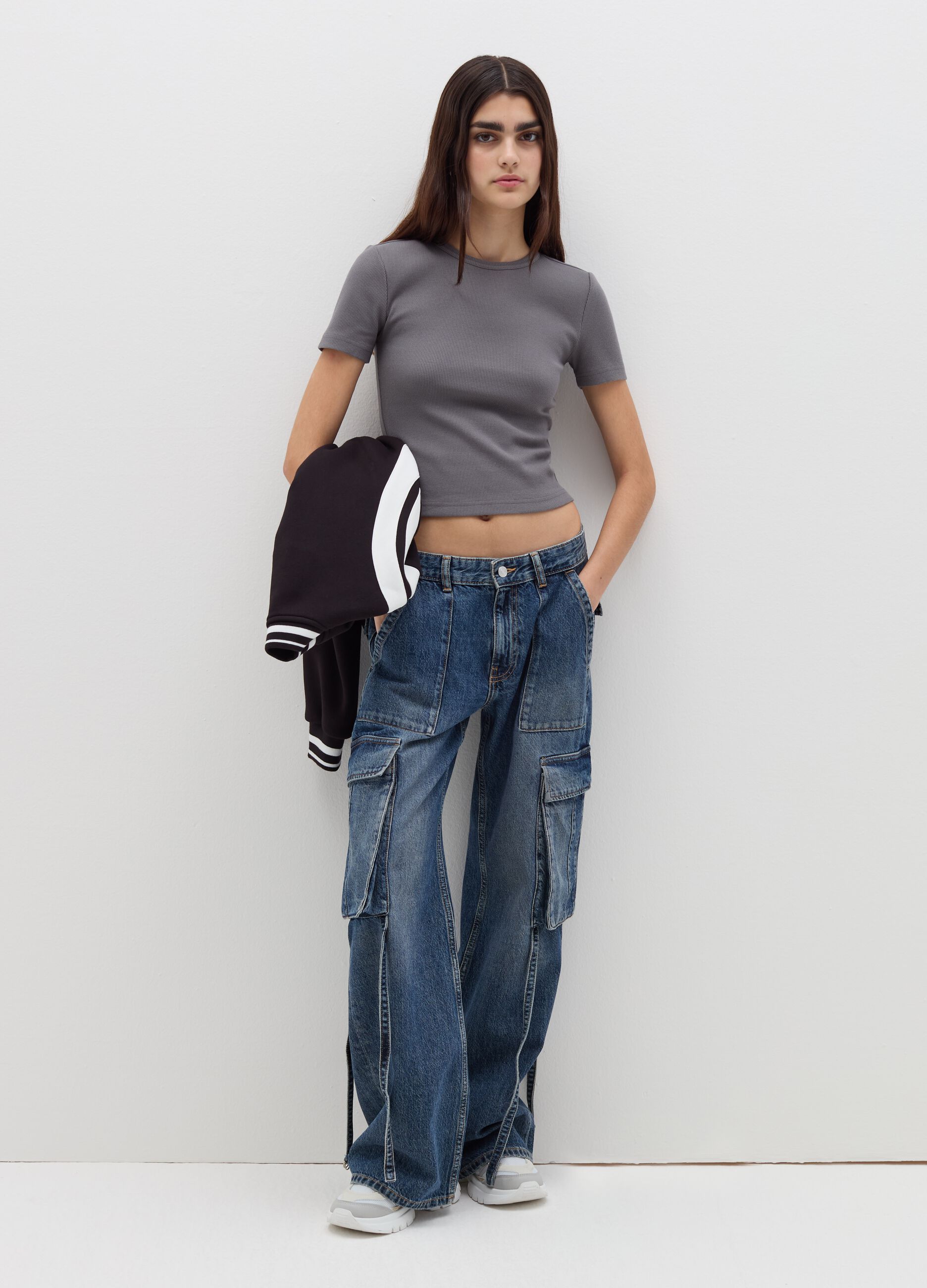 Ribbed T-shirt in stretch cotton