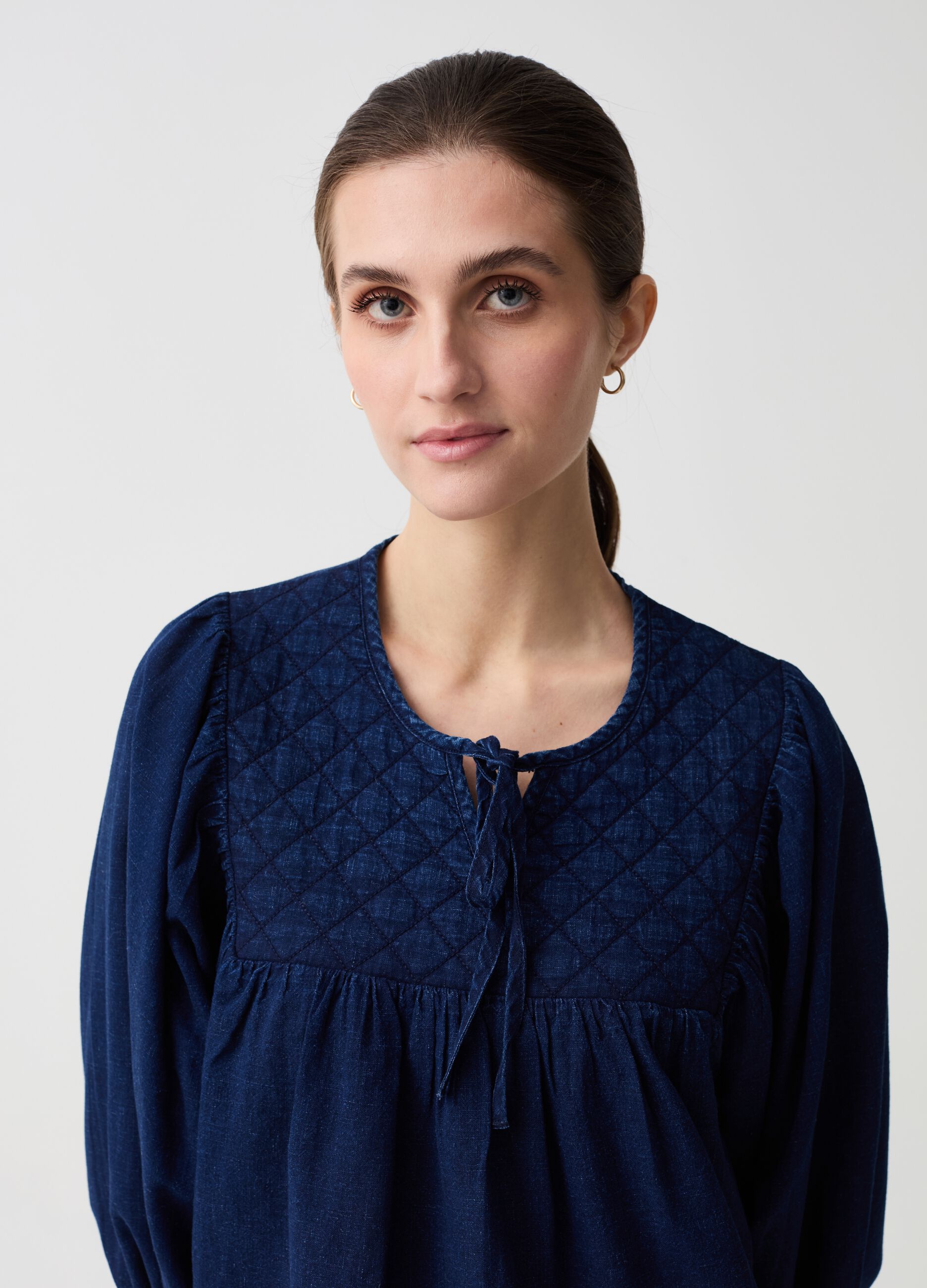Denim blouse with diamond embroidery