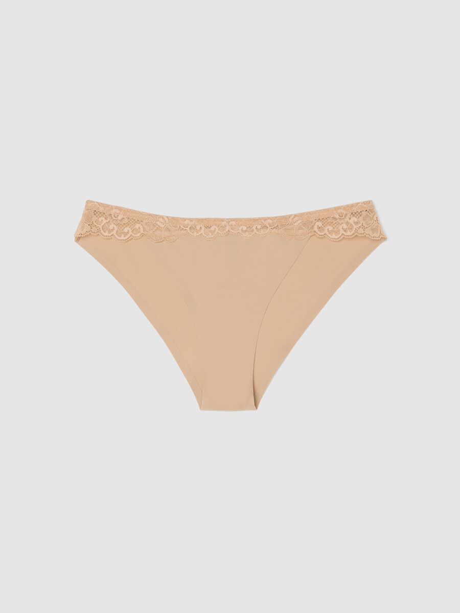 Beige microfibre regular fit briefs with lace details_0