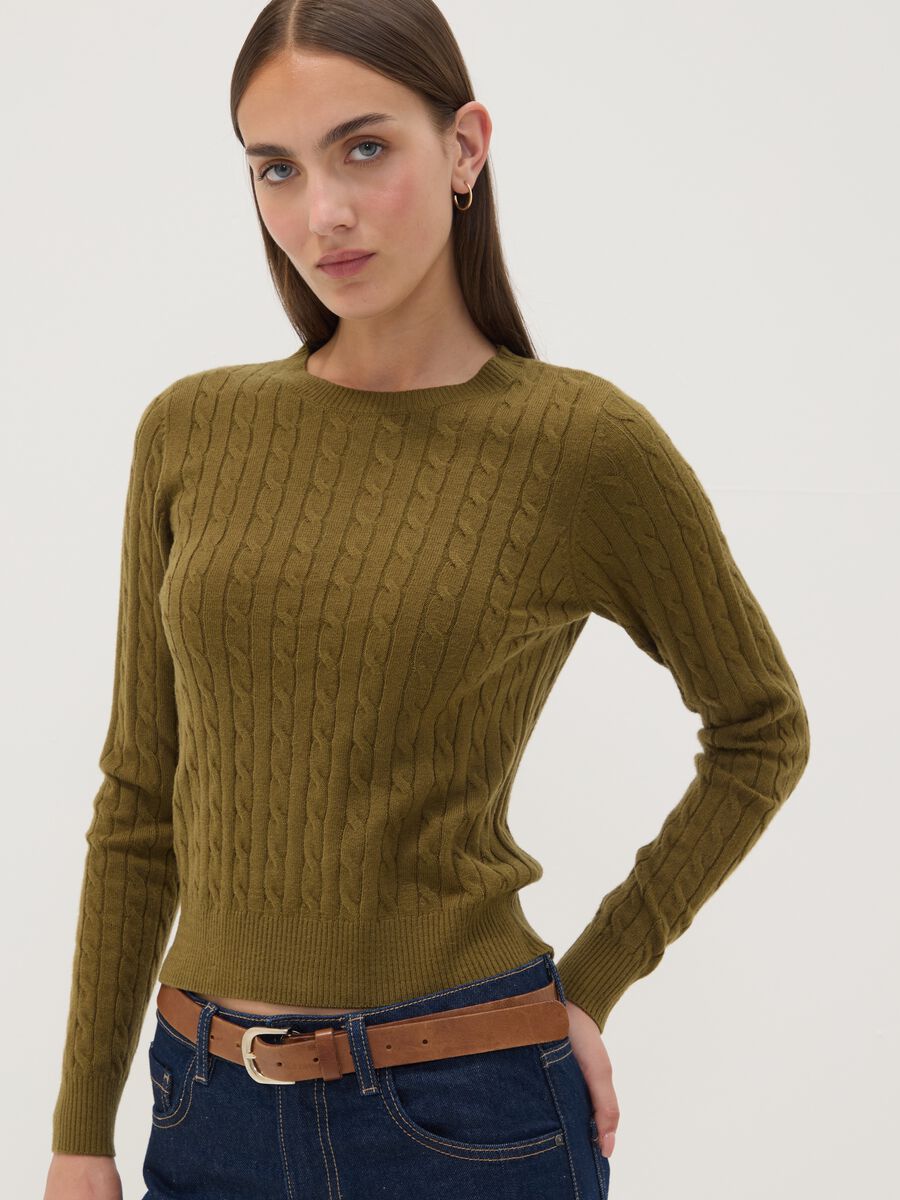 Olive green cable-knit crew neck jumper, regular fit_0