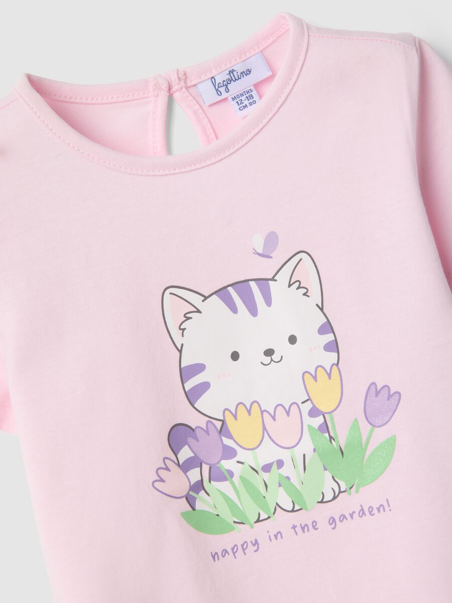 T-shirt in puro cotone rosa da bimba regular fit con gatto_2