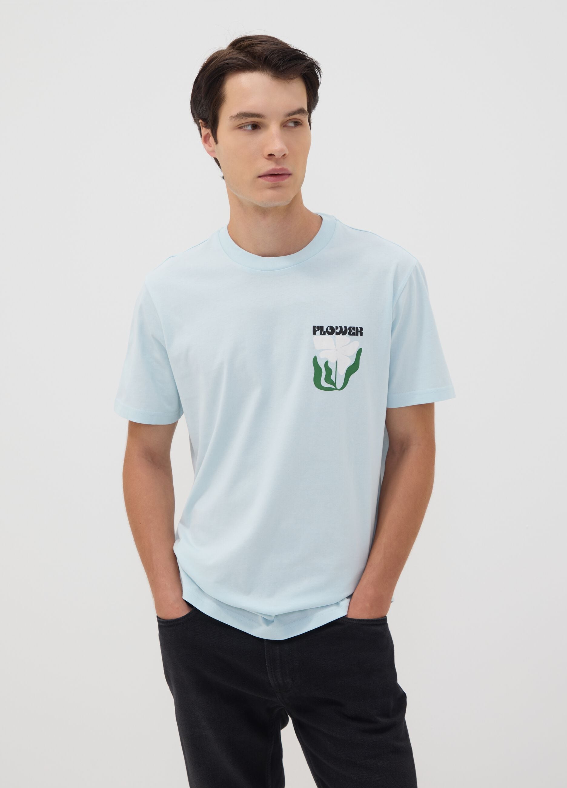 T-shirt azzurra in puro cotone jersey con stampa regular fit