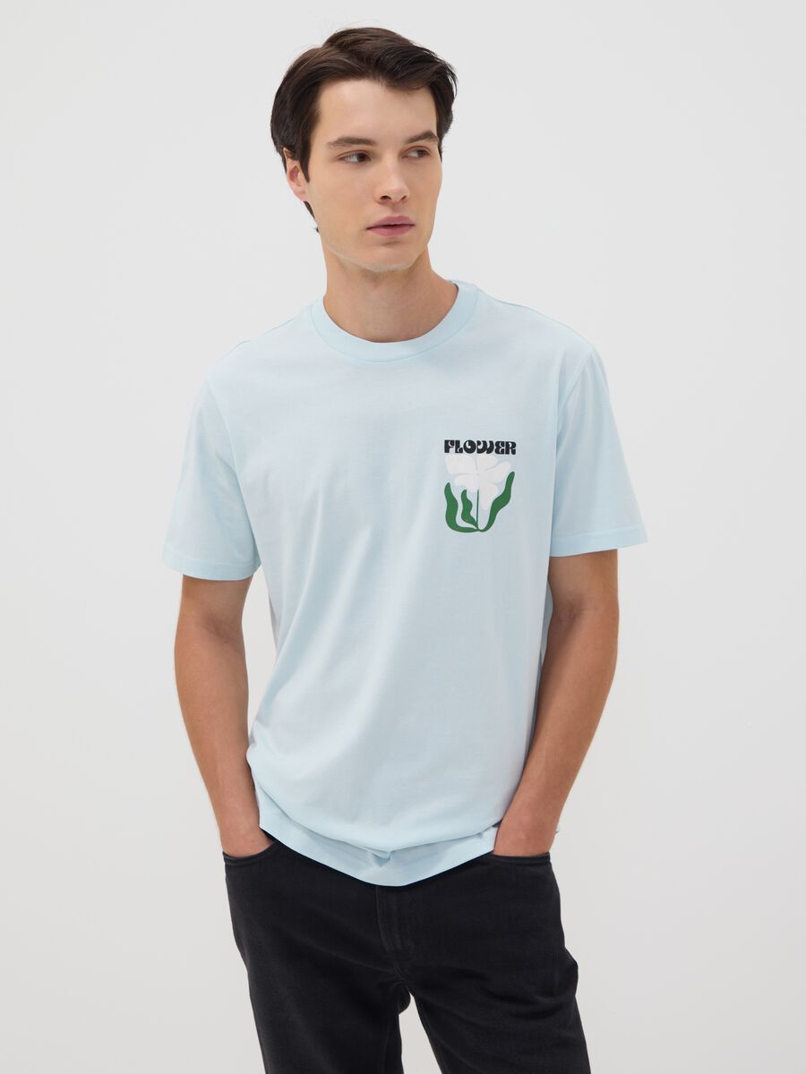 T-shirt azzurra in puro cotone jersey con stampa regular fit_0