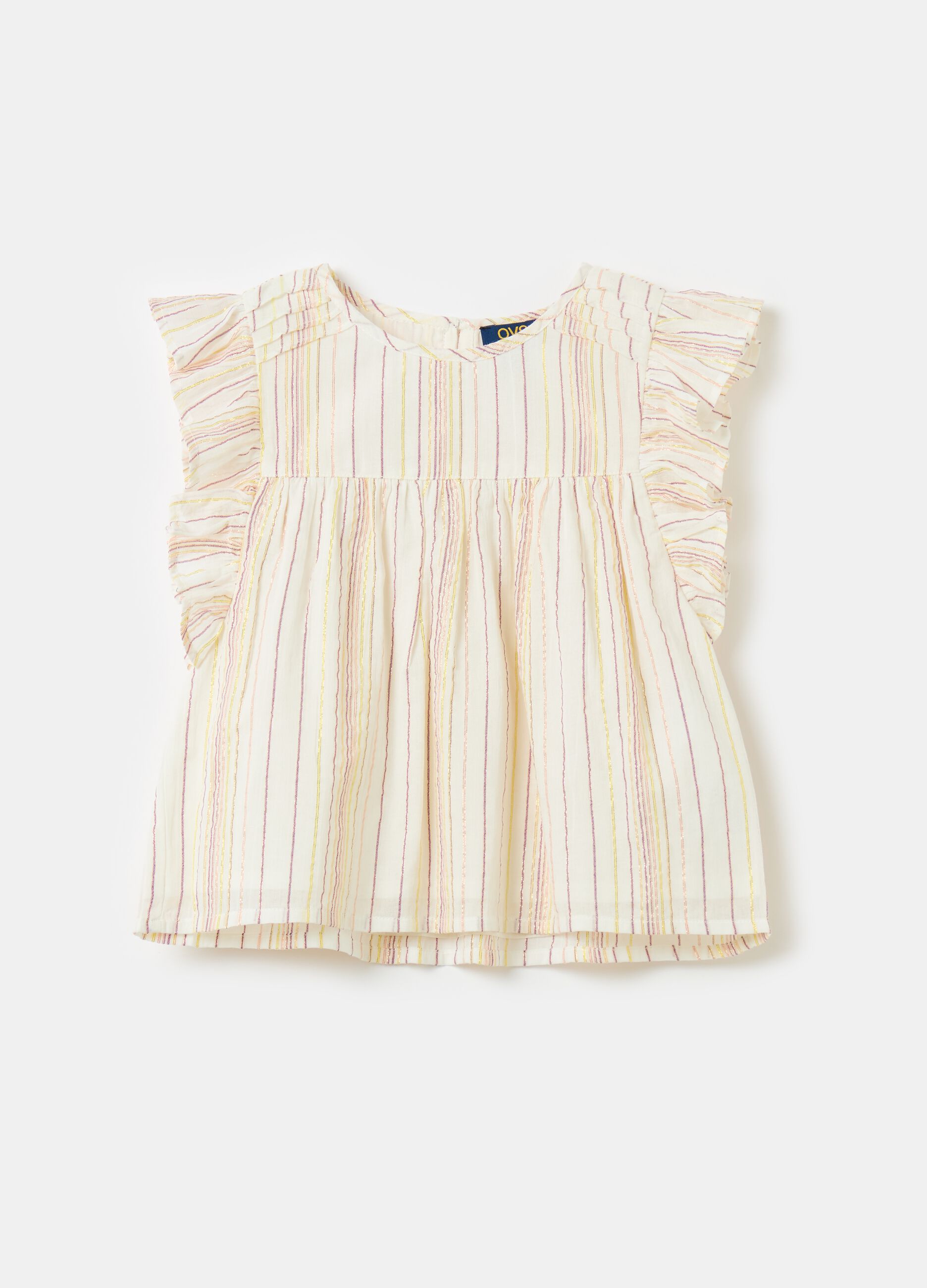 Blouse with thin stripes in lurex with flounce