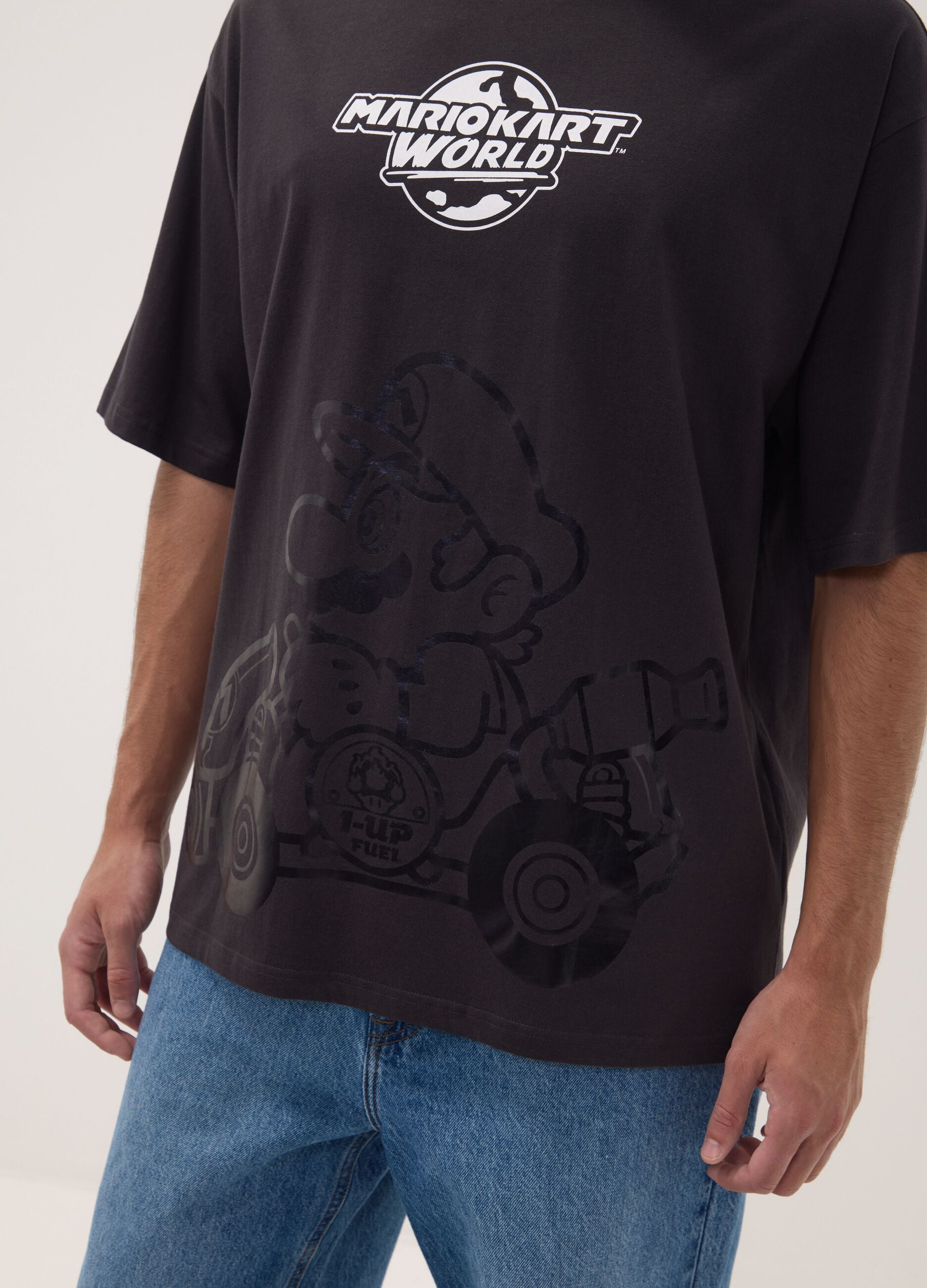 T-shirt preta em algod&atilde;o puro com estampado Mario Kart